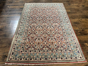 Unique Persian Qum Rug 5x7, Repeated Paisely Boteh Design, Ivory Red Blue, Handmade Antique Wool Persian Carpet, Finely Hand Knotted