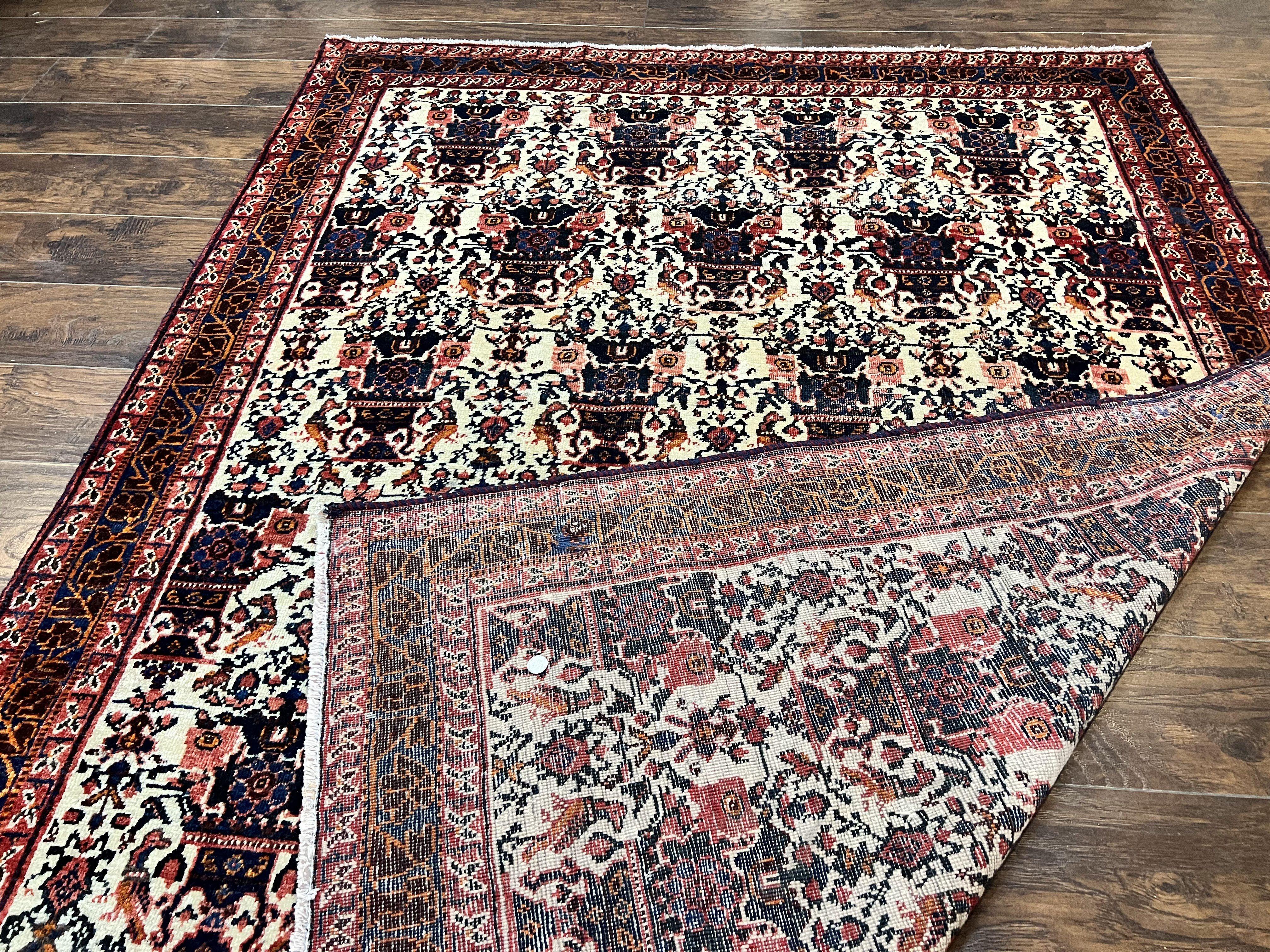 Persian Afshar Rug 6x8, Wool Hand Knotted Semi Antique Vintage Carpet, Floral Allover, Repeated Birds Flowers Vases Motifs - Jewel Rugs