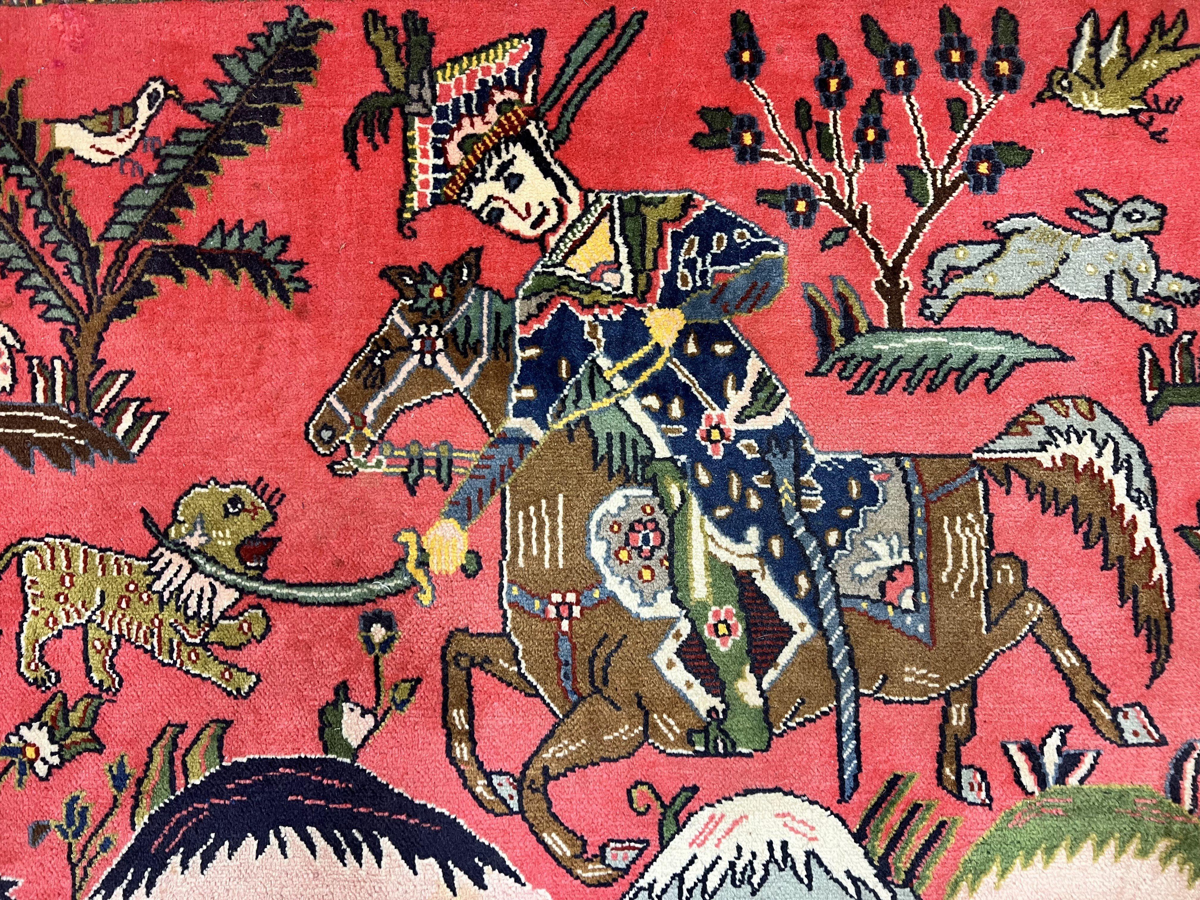 Persian Kashan Hunting Rug 4x3, Wool Hand-Knotted Vintage Carpet, Semi Antique Pictoral Rug, Red, Horsemen Lion Animal Pictorials - Jewel Rugs