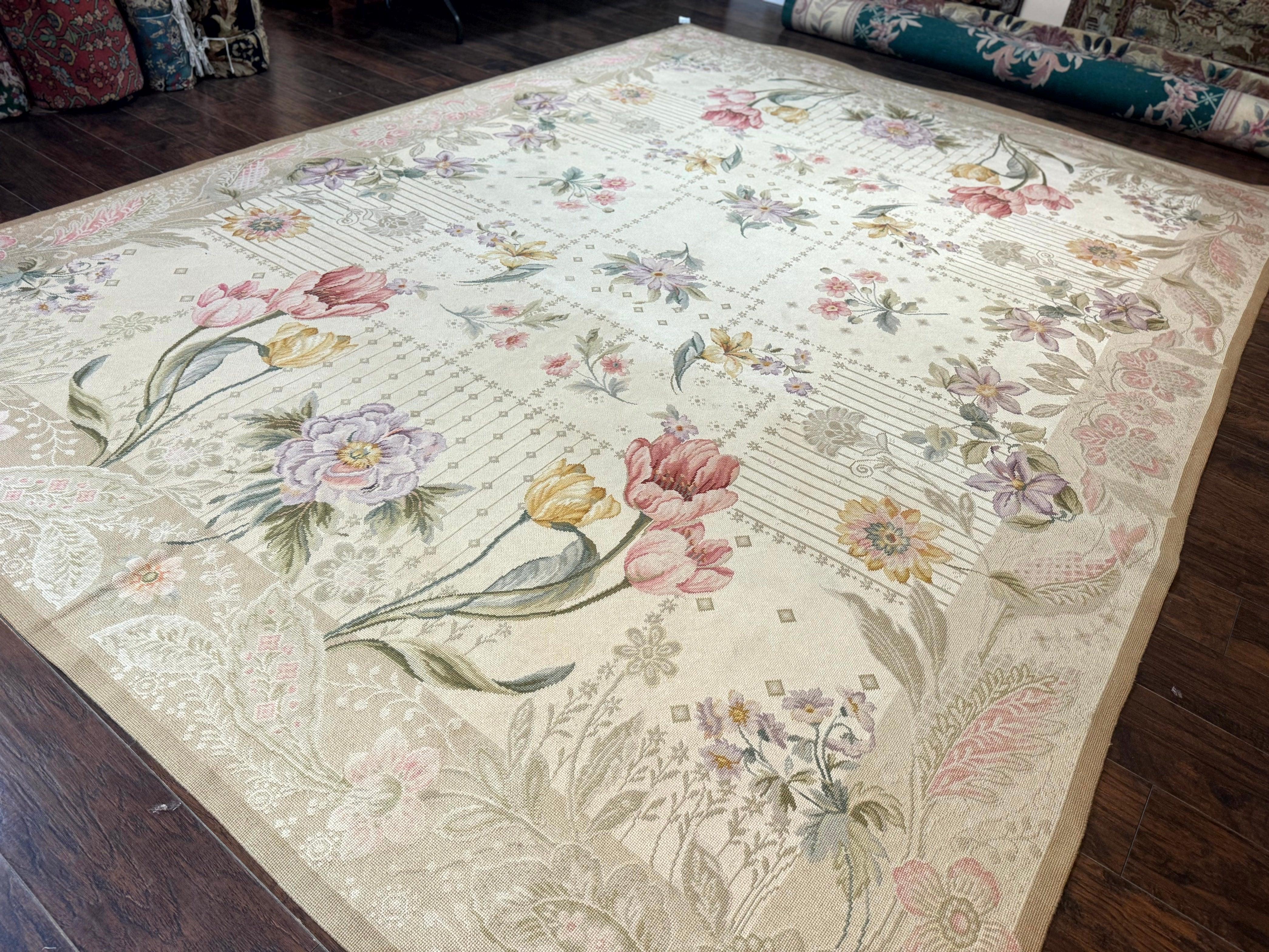 Needlepoint Rug 10x14, Petitepoint Carpet, Floral, Elegant, European Design, Beige Pink Lavender, Large Flowers - Jewel Rugs