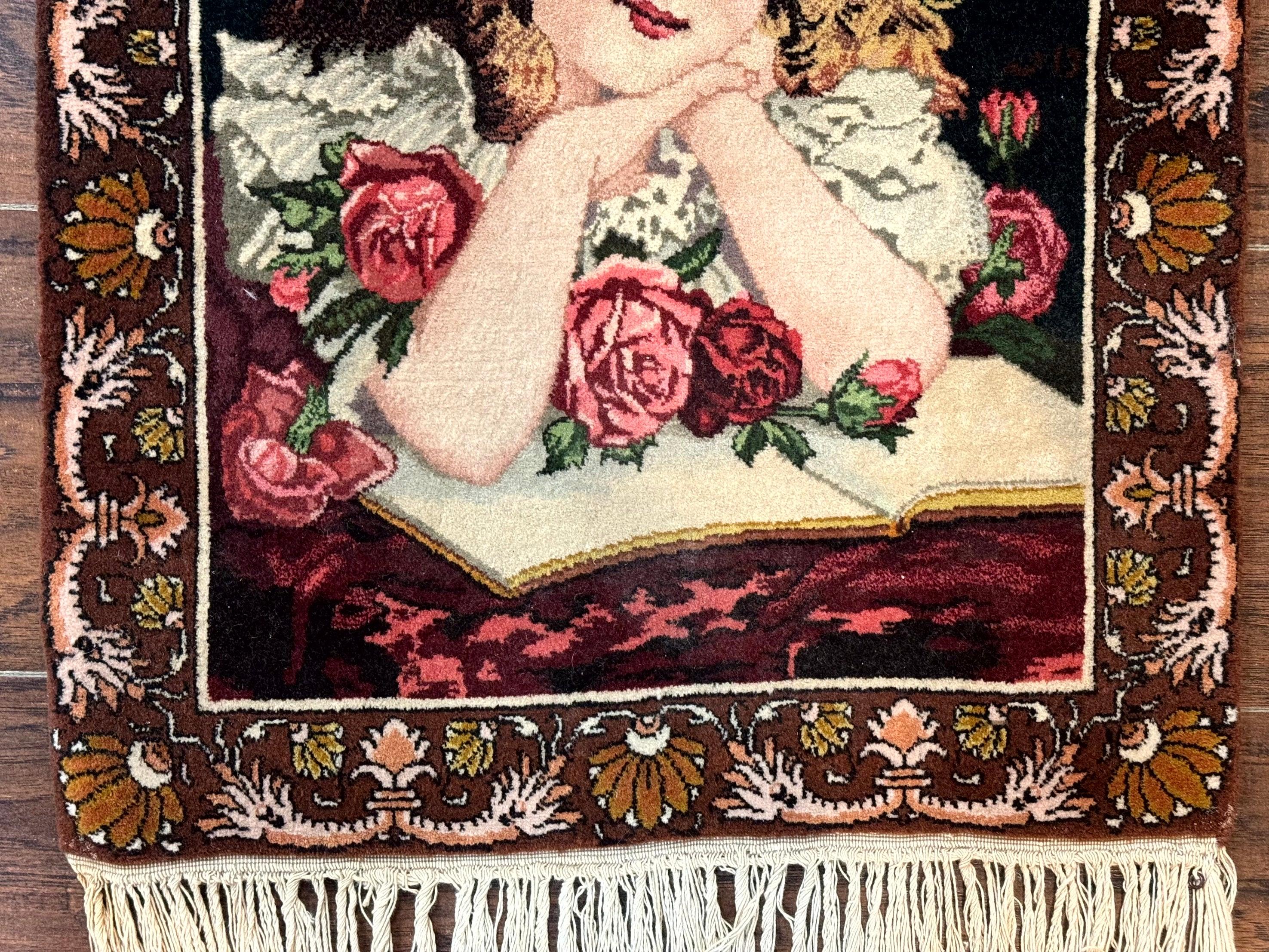 Small Persian Tabriz Pictorial Rug of Young Girl, Very Fine 380 KPSI, Portrait of Young Lady with Roses, Handmade, Persian Rug for Wall Hanging - Jewel Rugs