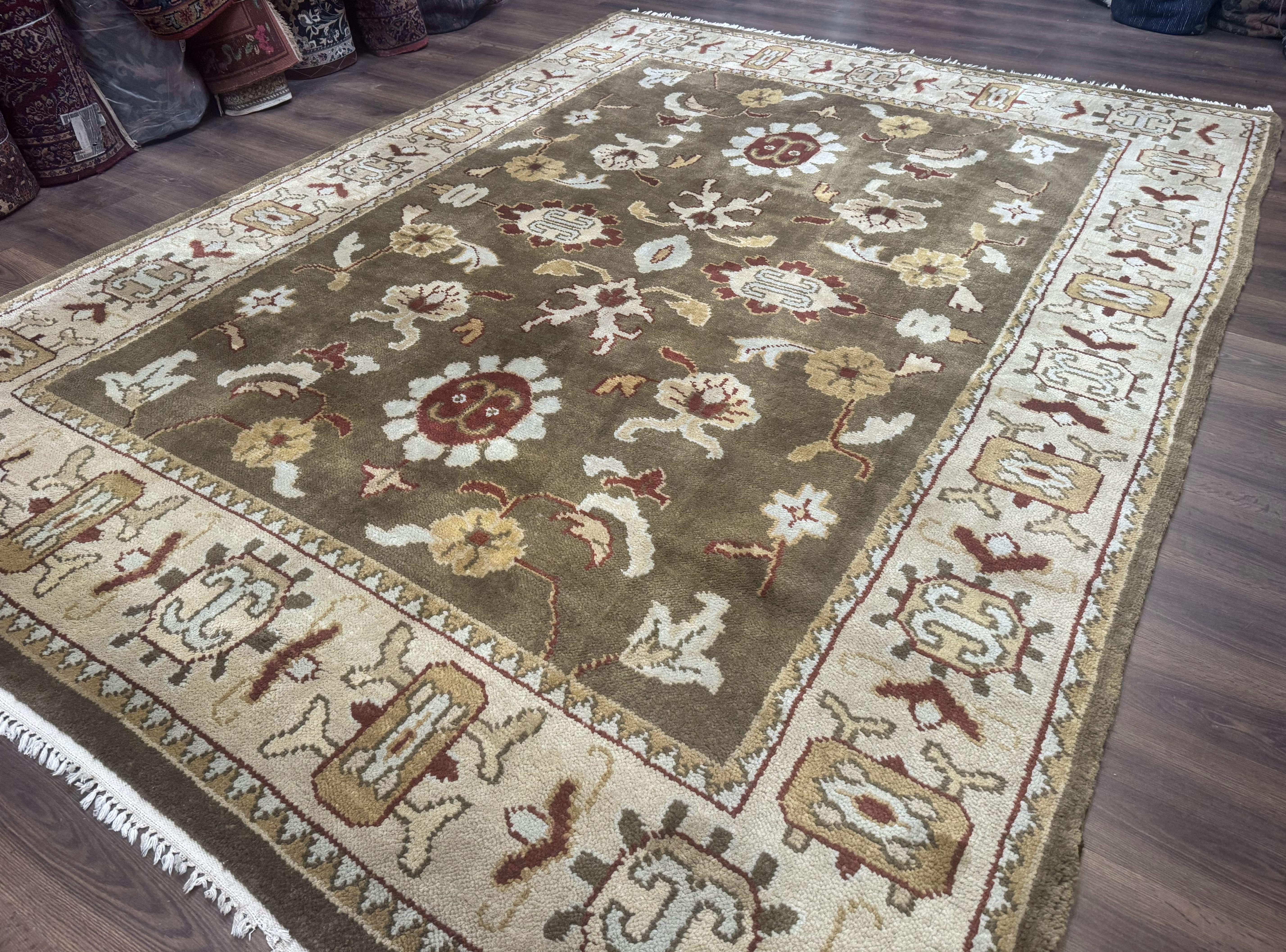 Indo Mahal Rug 8x11 – Olive Green Hand-Knotted Wool Carpet - Jewel Rugs