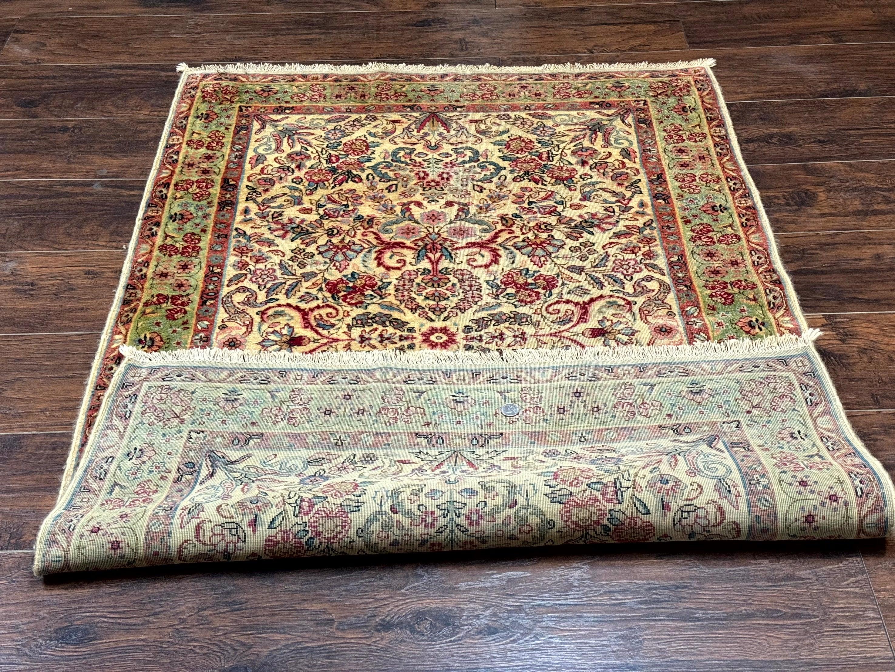 Antique Persian Kerman Rug 3x5, Floral Design, Cream and Light Green - Jewel Rugs
