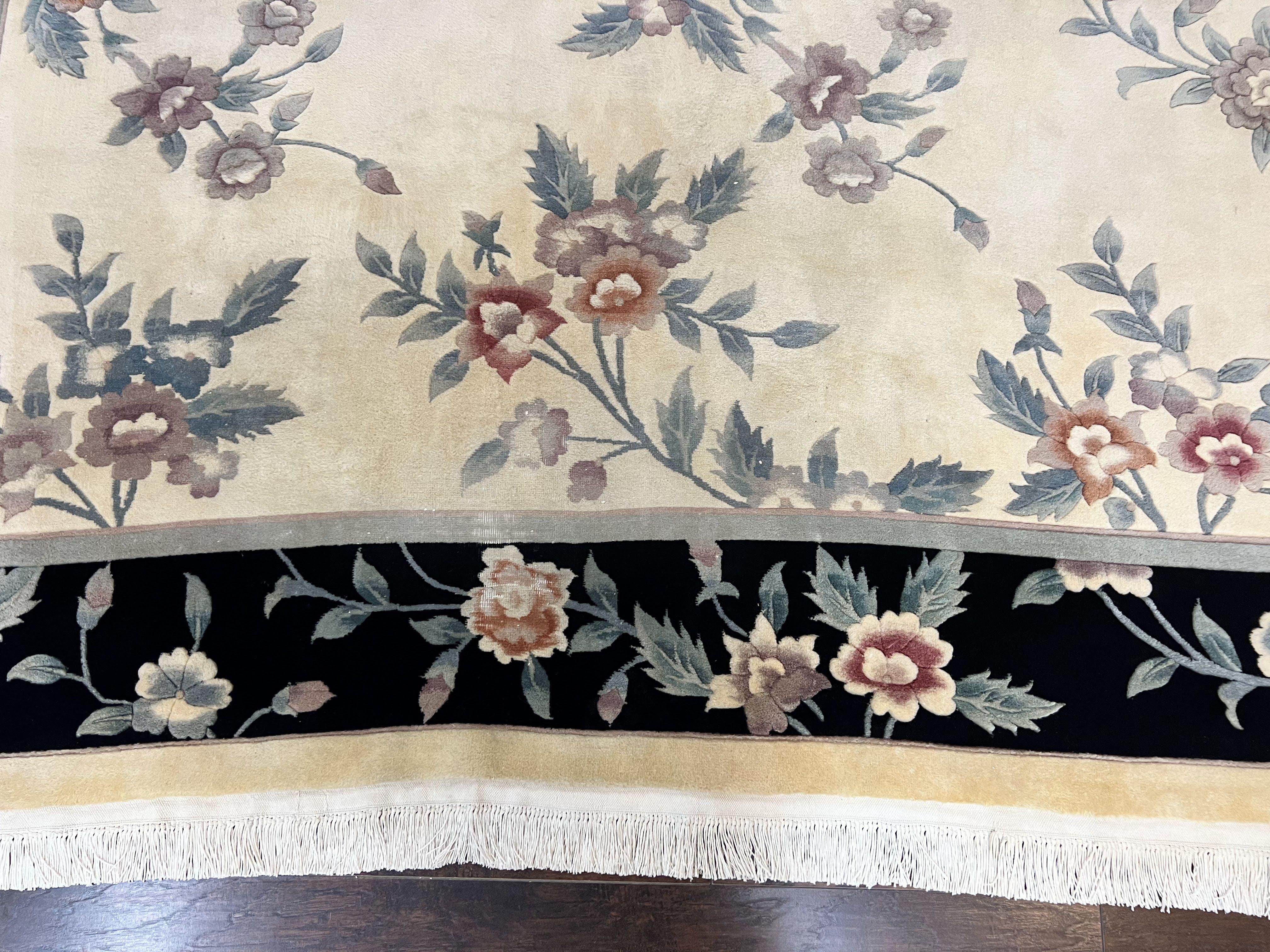 Chinese Wool Rug 8x10, Floral Design, Cream & Black, Art Deco 90 Line Rug 8 x 10, Soft, Handmade Vintage Oriental Carpet - Jewel Rugs