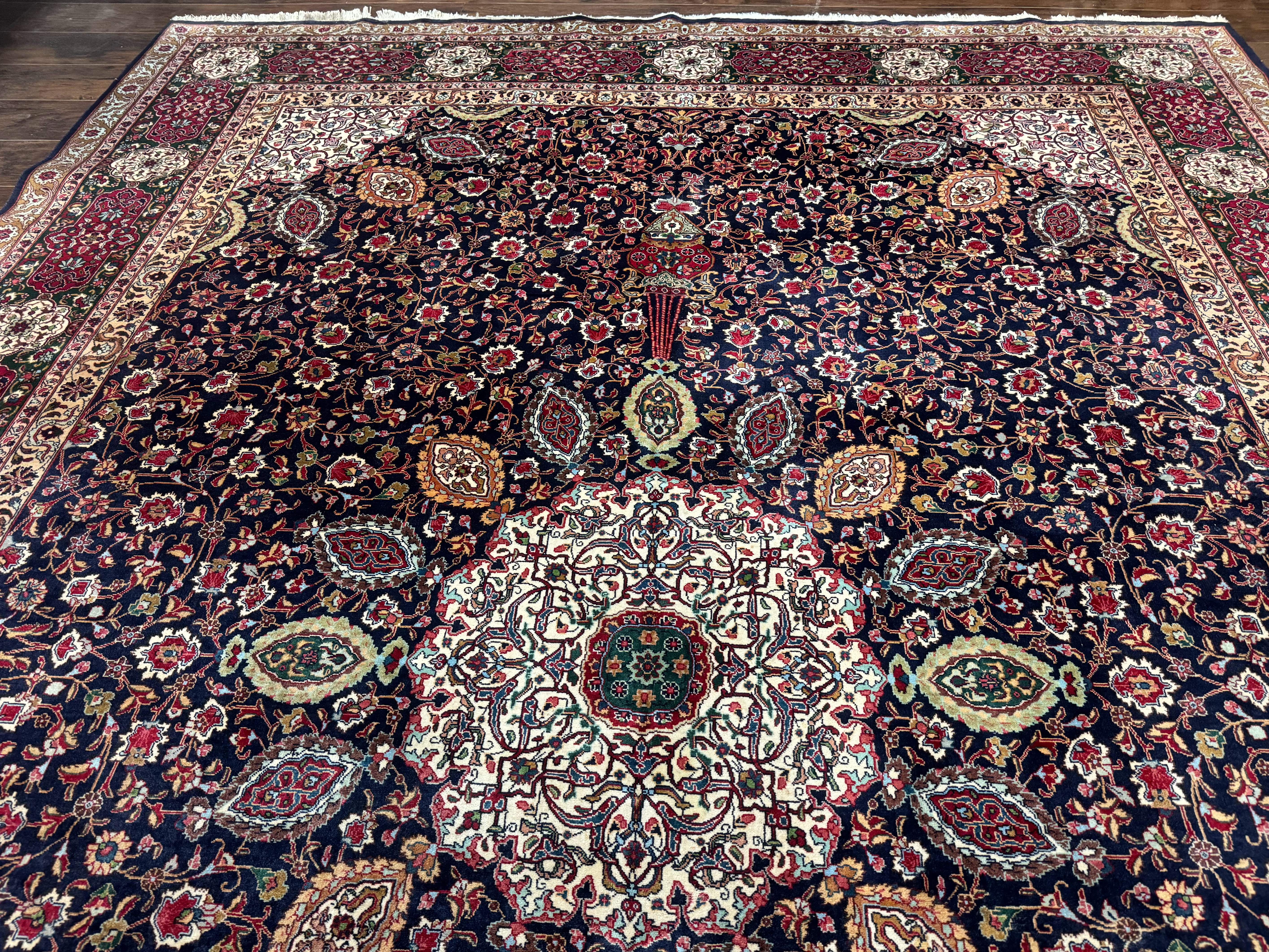 Persian Tabriz Rug 10x13 – Navy Blue and Red, Floral Medallion, Fine 210 KPSI - Jewel Rugs