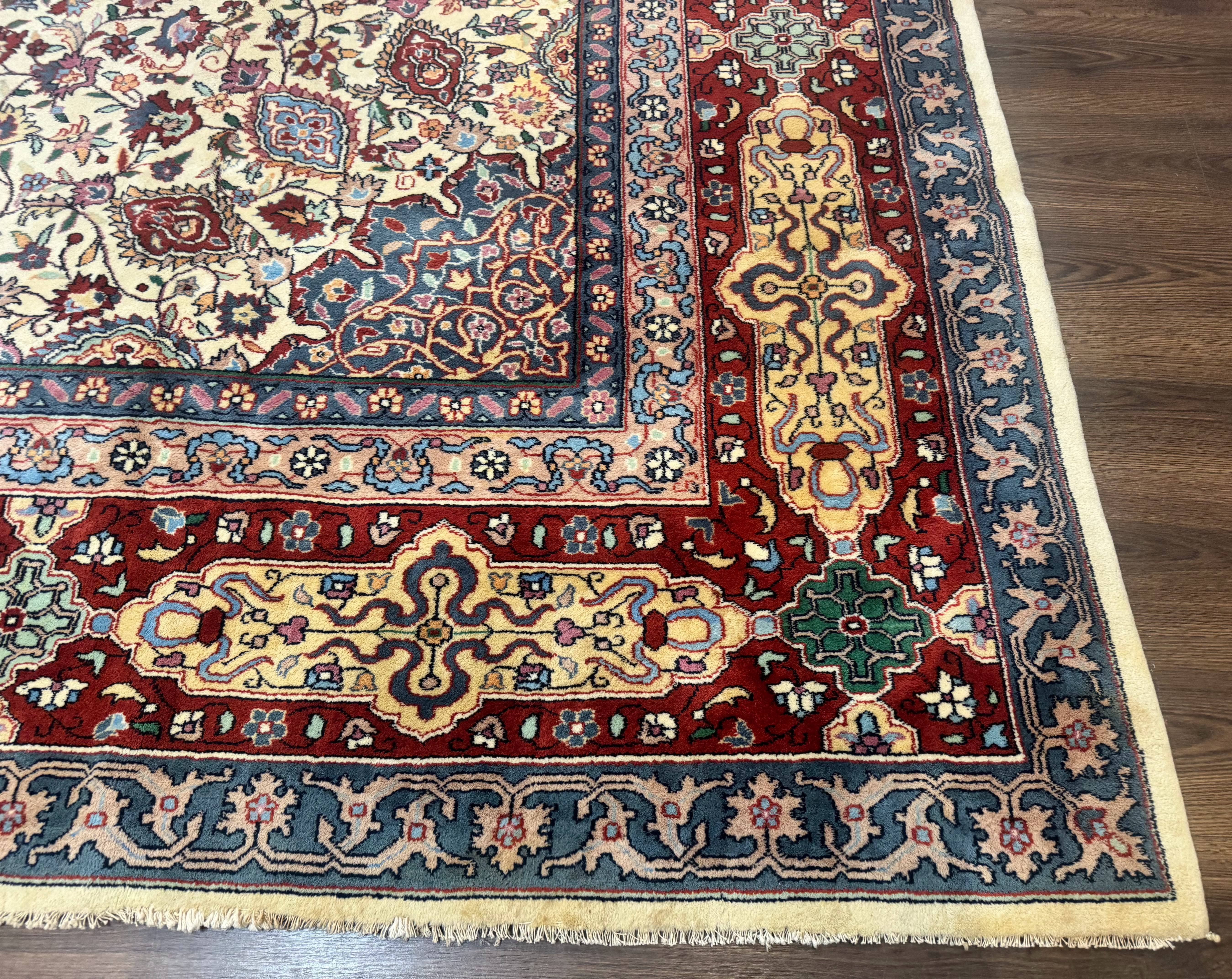 Persian Mashad Rug 10x16, Palace Size Handmade Wool Carpet, Cream Red, Floral Medallion, Vintage - Jewel Rugs