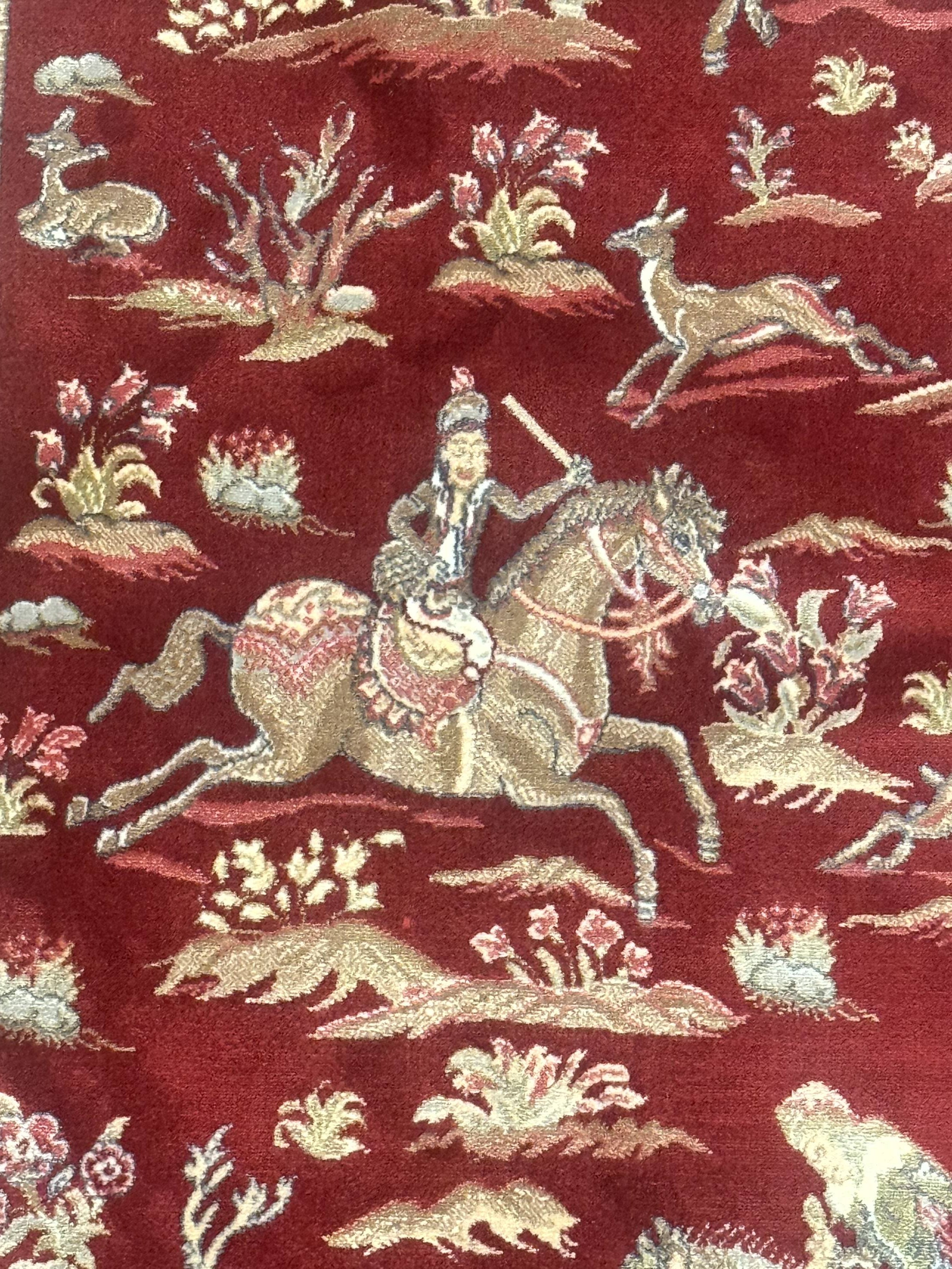 Turkish Silk Rug 2.6 x 6.7, Hunting Design, Short Runner Rug, Red & Ivory, Bamboo Silk, New - Jewel Rugs