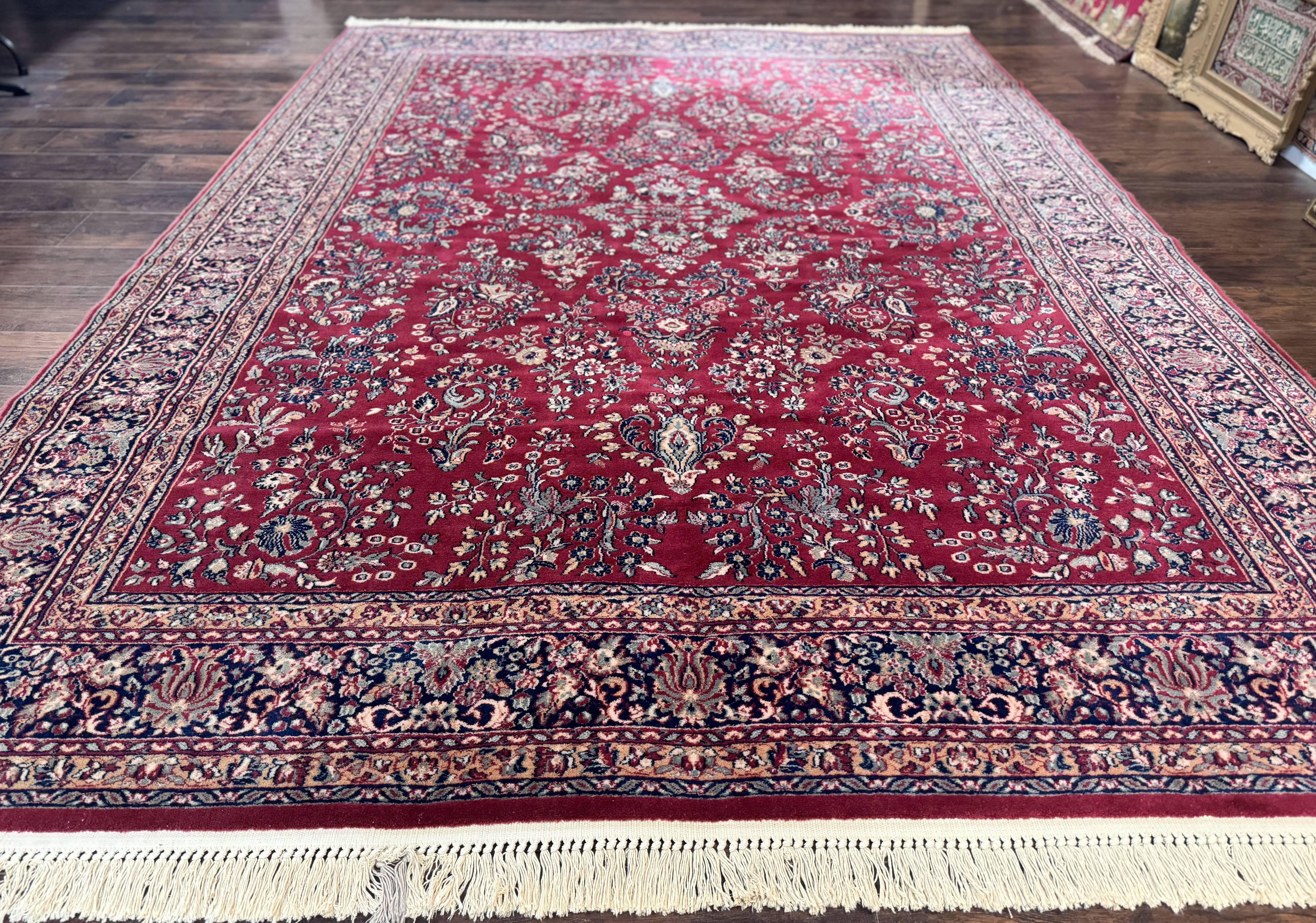 Karastan Rug 8 x 11.6, Rose Sarouk 300-1007, Vintage Wool Karastan Carpet, Beligum Power Loomed Rug, Floral, Red, Wool Pile - Jewel Rugs