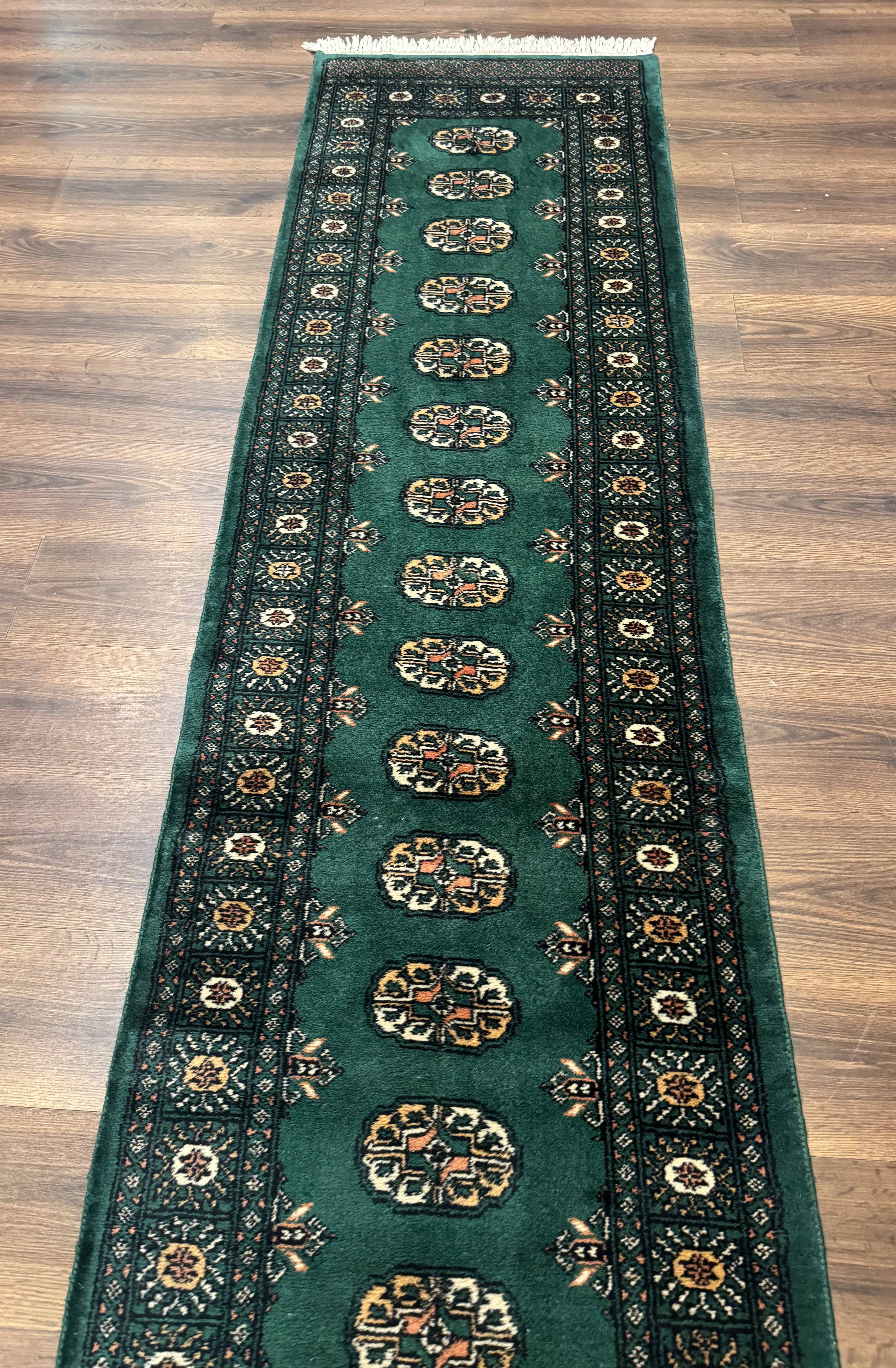 Pakistani Bokhara Runner Rug 2.5 x 11, Green Turkoman Wool Runner for Hallway - Jewel Rugs