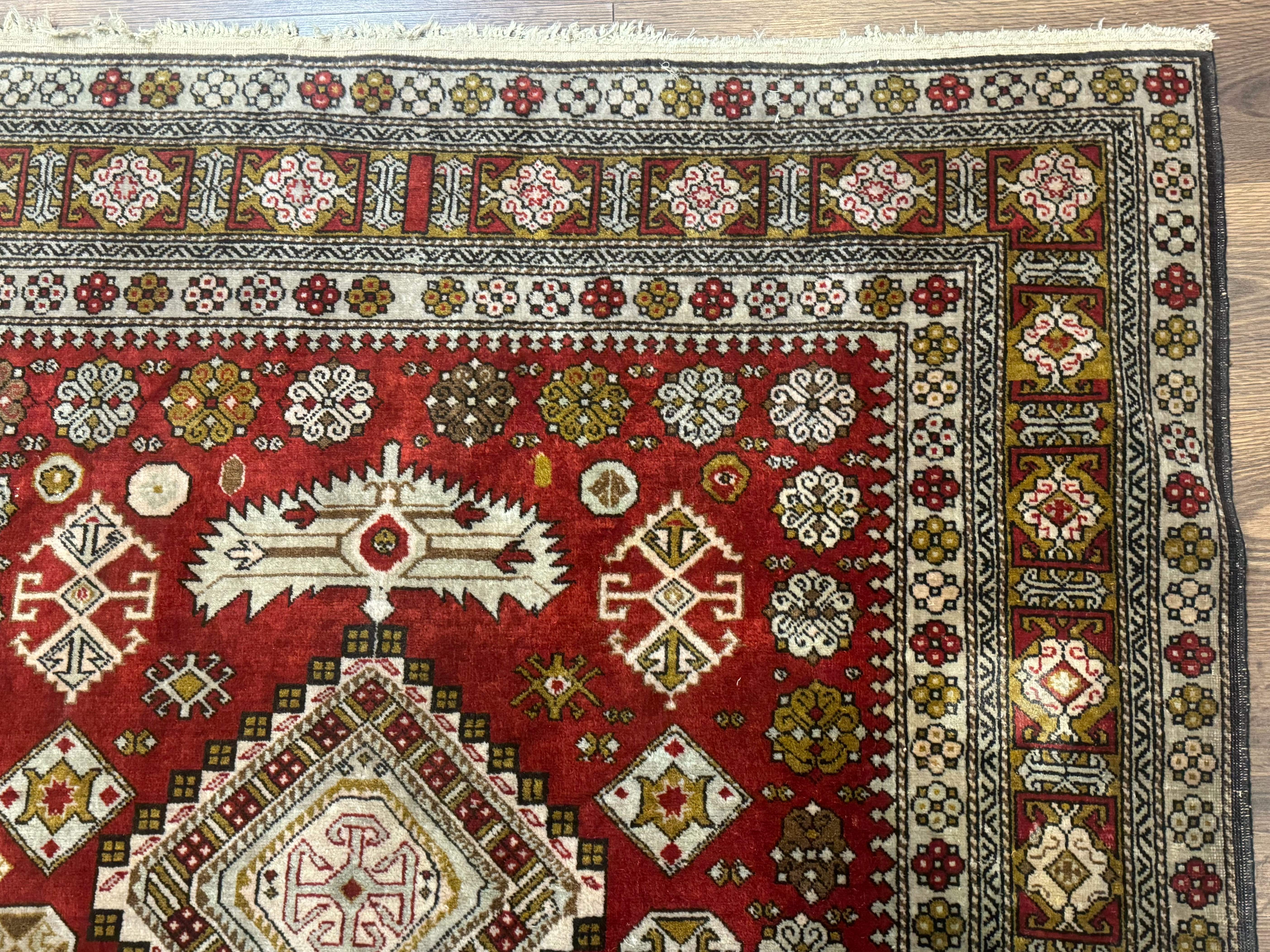 Caucasian Rug 4x6 – Rust Red, Hand-Knotted Wool Shirvan Carpet, Geometric Medallions - Jewel Rugs