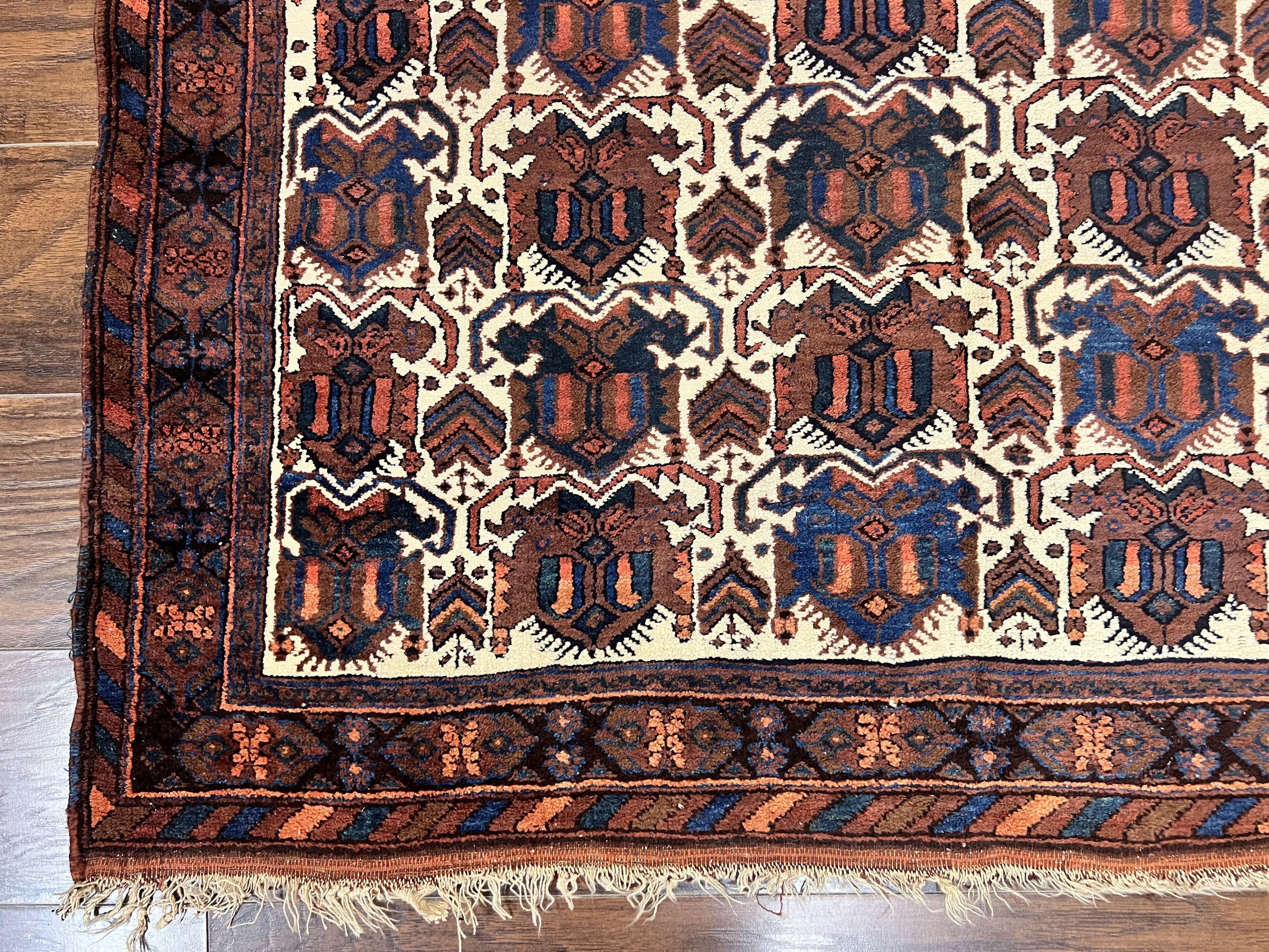 Persian Afshar Rug 4x5, Repeated Motif, Ivory & Burgundy, Wool Tribal Oriental Carpet, Handmade Vintage Semi Antique Medium Sized Rug - Jewel Rugs