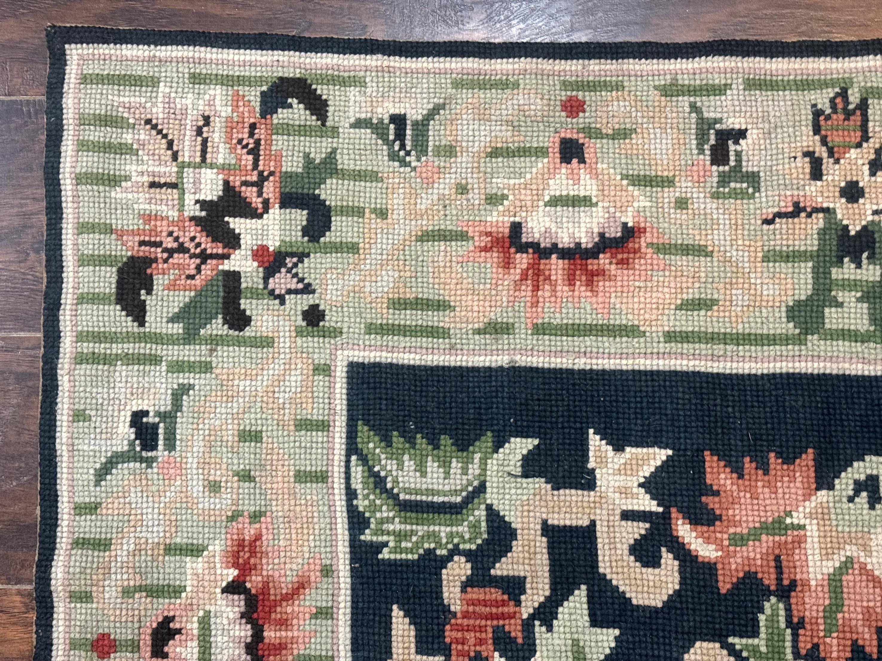 Vintage American Needlepoint Rug 4x6, Dark Green, Wool, Handmade, Flatweave Carpet - Jewel Rugs