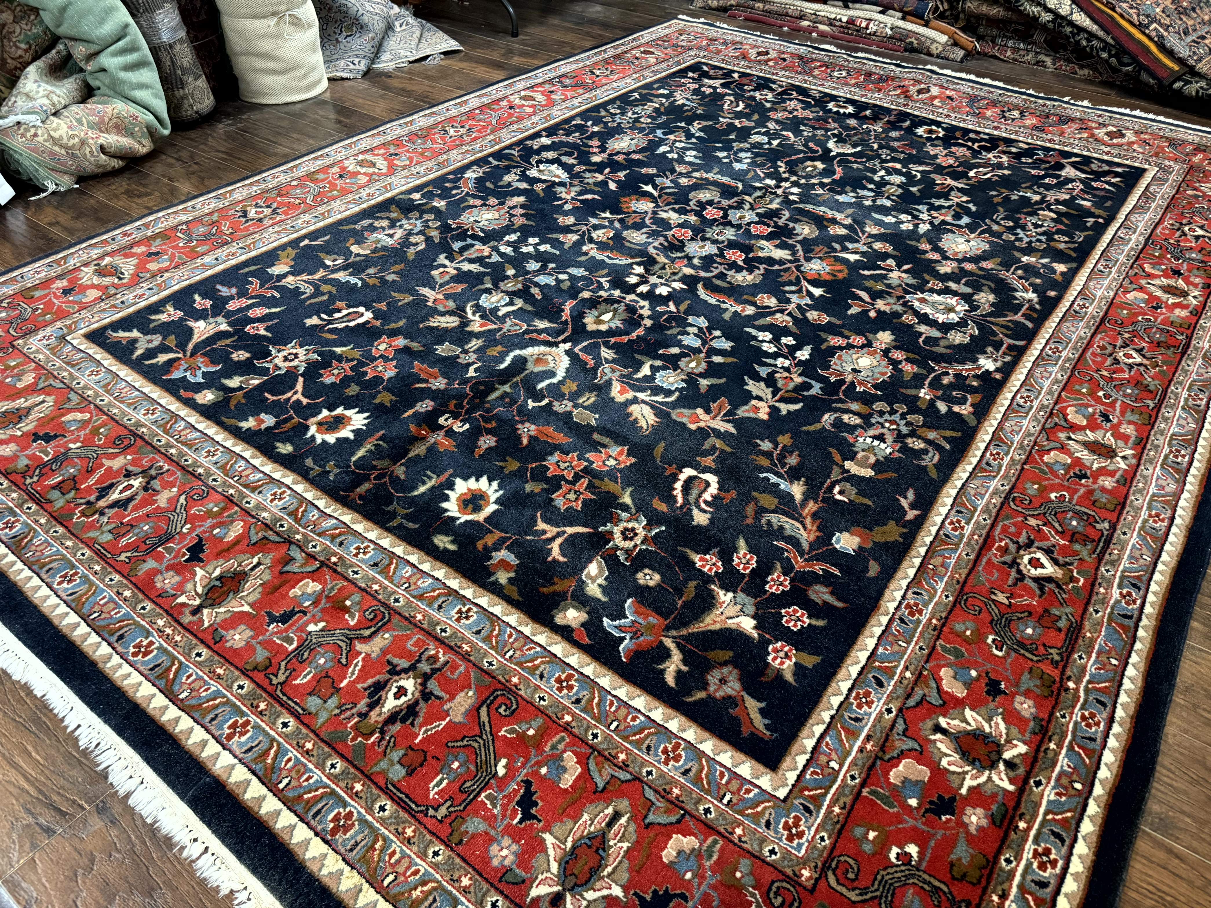 Indo Persian Sarouk Rug 9x12 – Navy and Red, Hand-Knotted Wool Vintage Carpet, Allover Pattern - Jewel Rugs