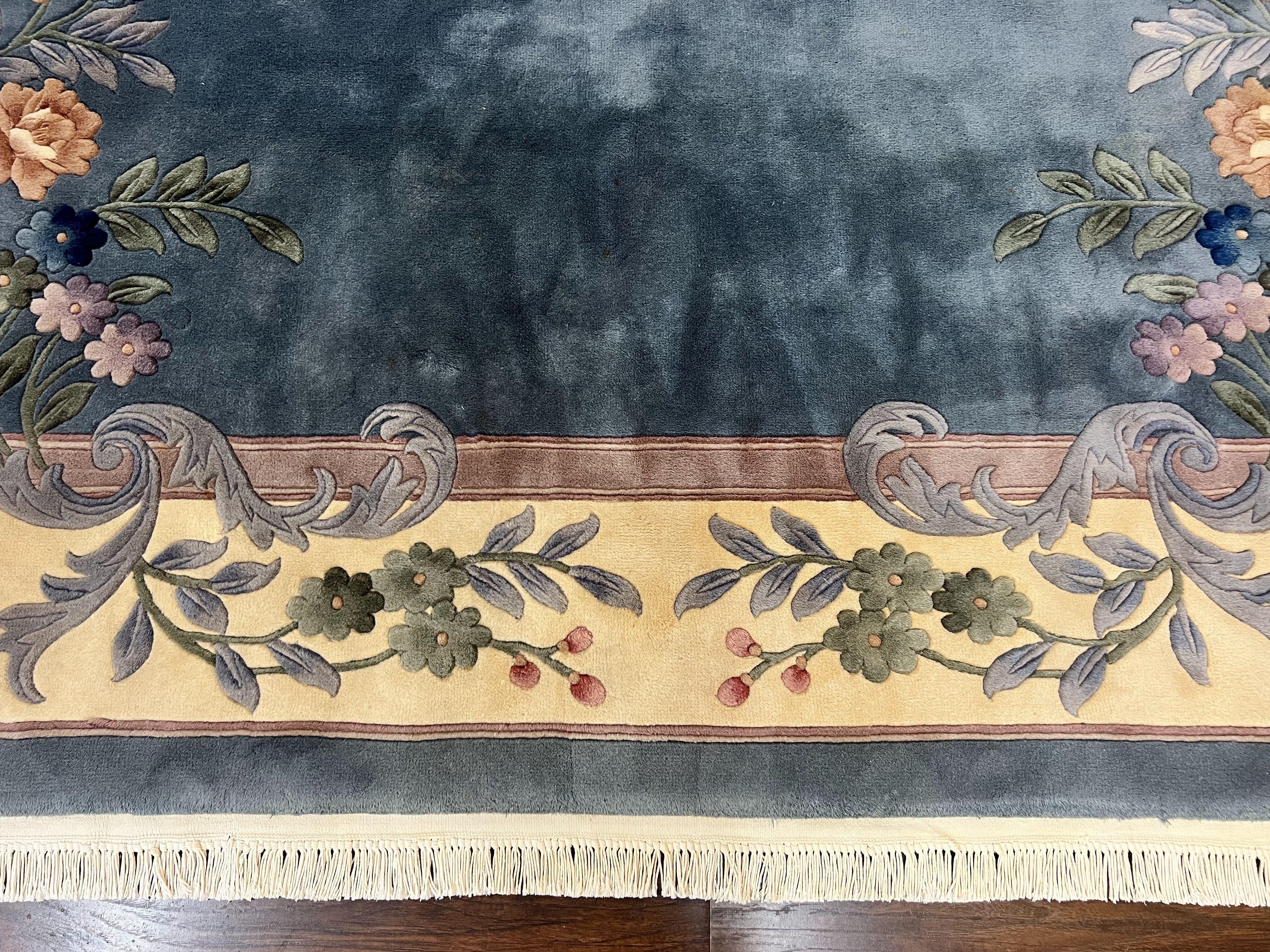 Chinese Wool Rug 10x13, Art Deco Carpet, Chinese Oriental 90 Line Carving Rug 10 x 13, Steel Blue and Cream, Soft, Handmade Vintage Rug - Jewel Rugs