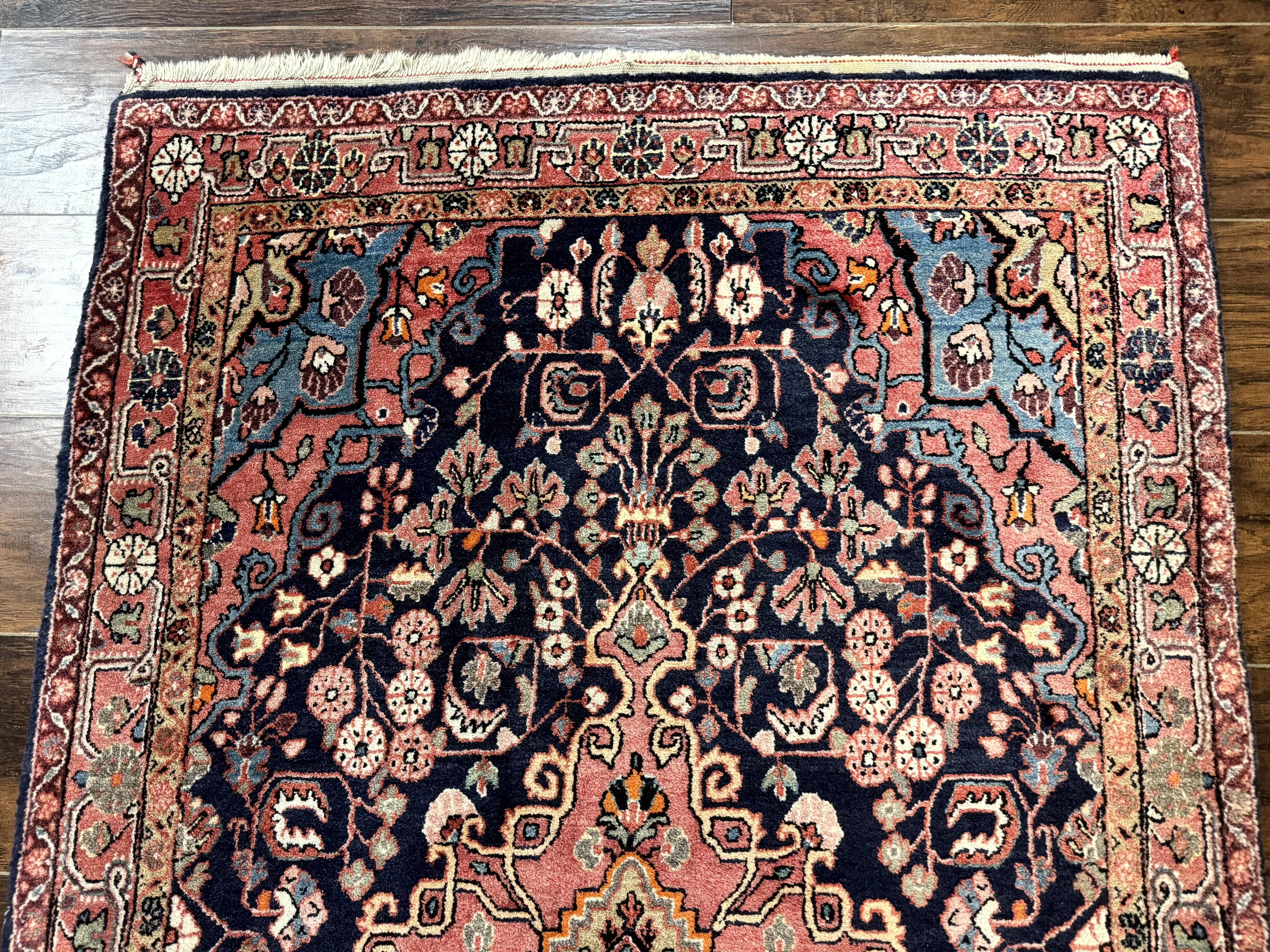 Persian Rug 3x5, Jozan Sarouk Rug, Navy Blue and Coral, Medallion Rug, Semi Antique - Jewel Rugs
