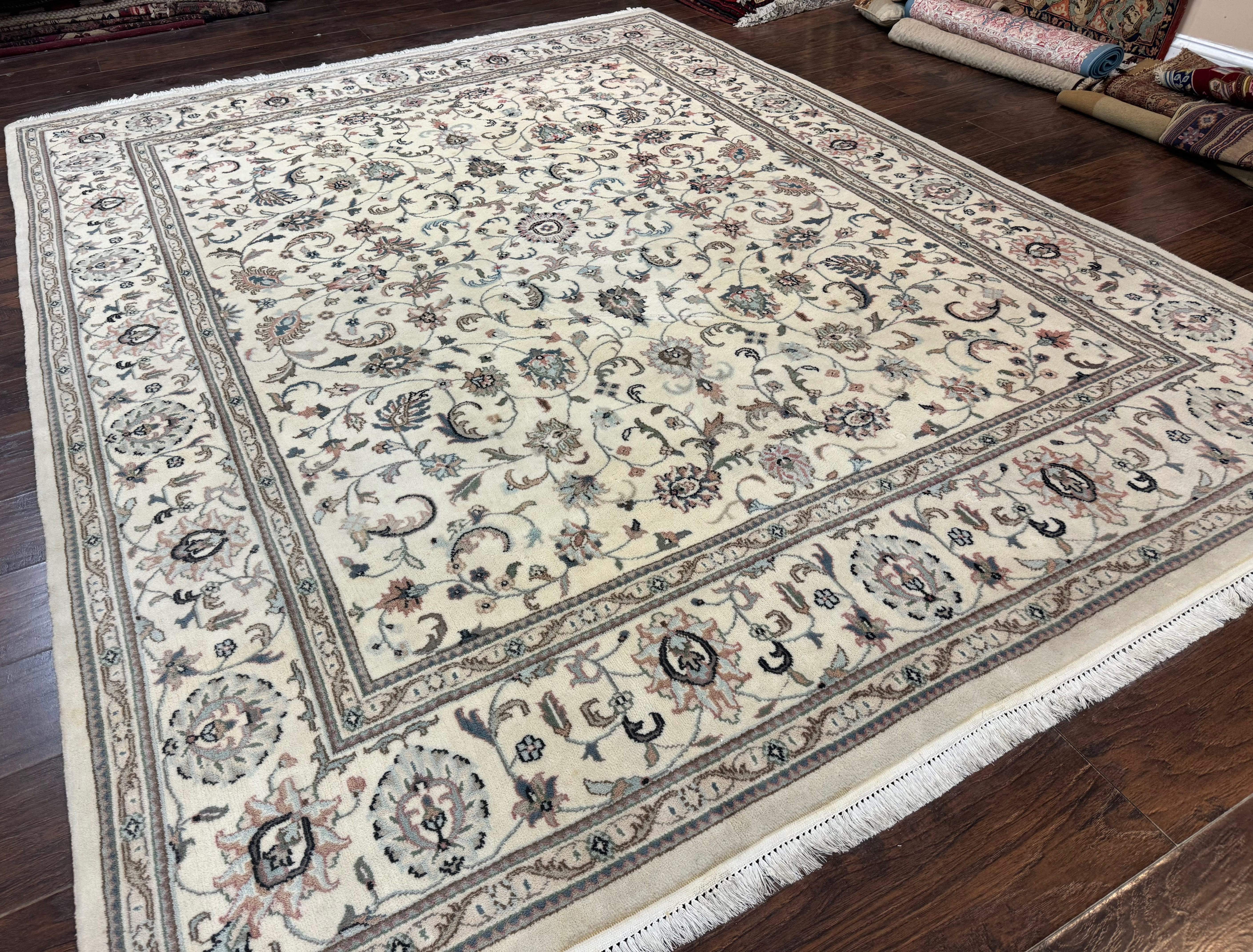 Indo Persian Rug 8x10 – Ivory Wool Floral Allover Oriental Carpet - Jewel Rugs