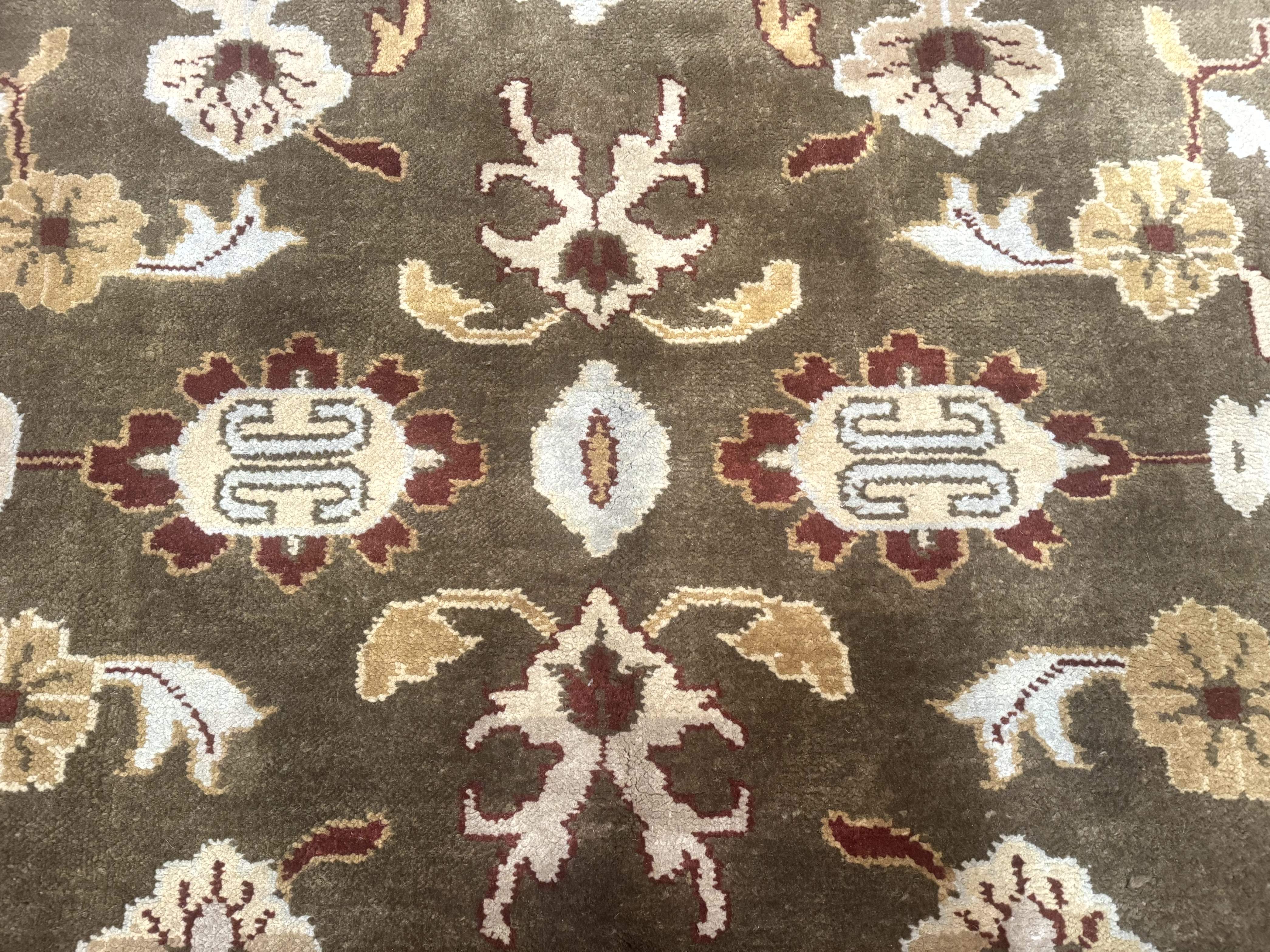 Indo Mahal Rug 8x11 – Olive Green Hand-Knotted Wool Carpet - Jewel Rugs