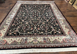 Black Pak Persian Rug 8x11, Floral Pattern, Hand Knotted Vintage Wool Rug with Silk Highlights, Fine 200 KPSI
