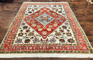 Indo Persian Heriz Rug 7x9, Geometric Pattern, Cream & Light Red, Handmade Vintage Wool Carpet