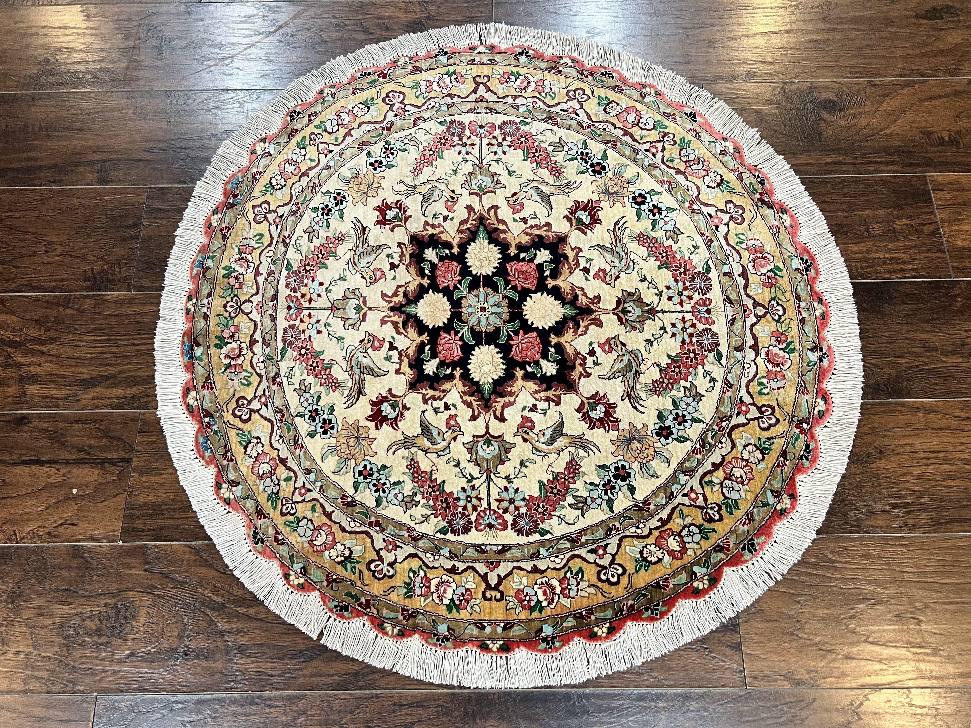 Silk Persian Tabriz Round Rug 3x3 ft, Very Fine Hand Knotted Carpet 380 KPSI, Cream & Gold, Bird Pictorials, Floral, Rare - Jewel Rugs