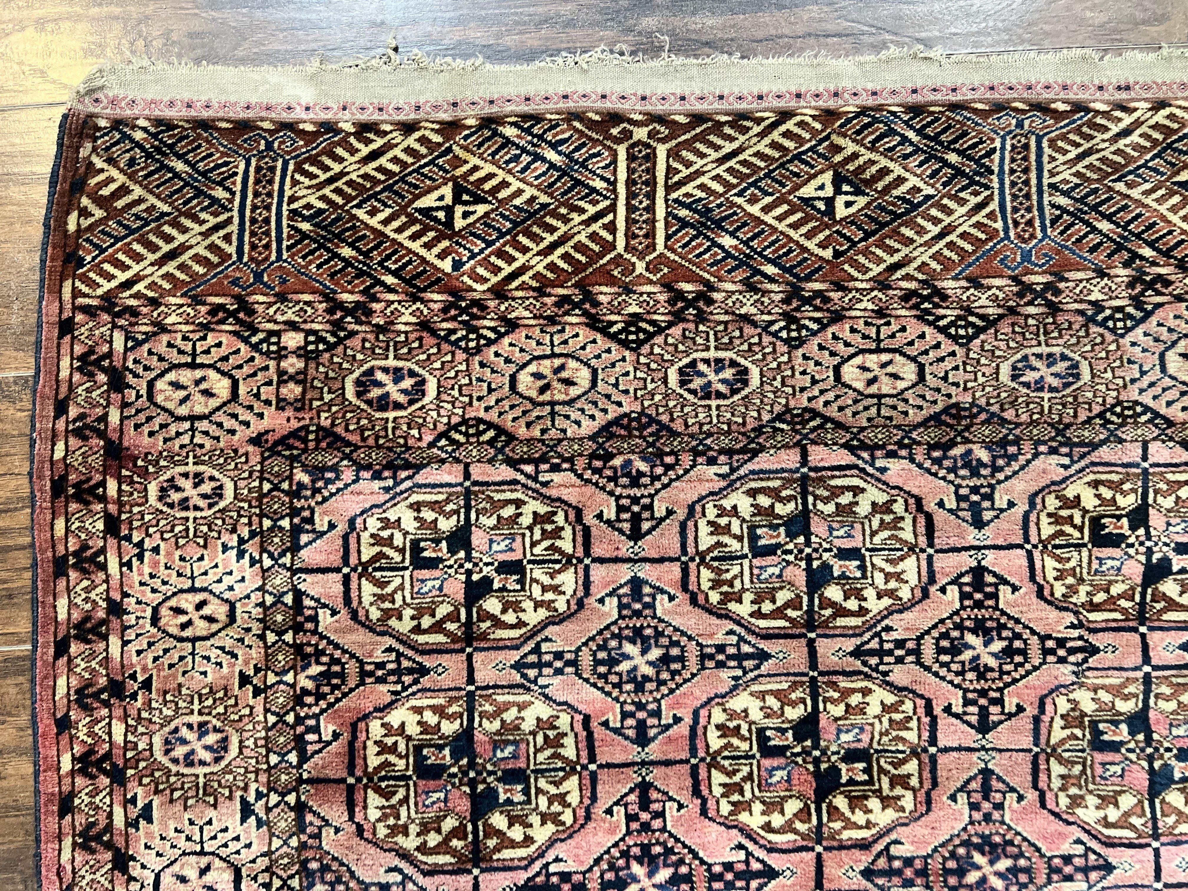 Persian Turkoman Rug 4x6, Wool Hand Knotted Antique Bokhara Carpet, Red Pink, Handmade Tribal Oriental Rug 4 x 6 ft - Jewel Rugs