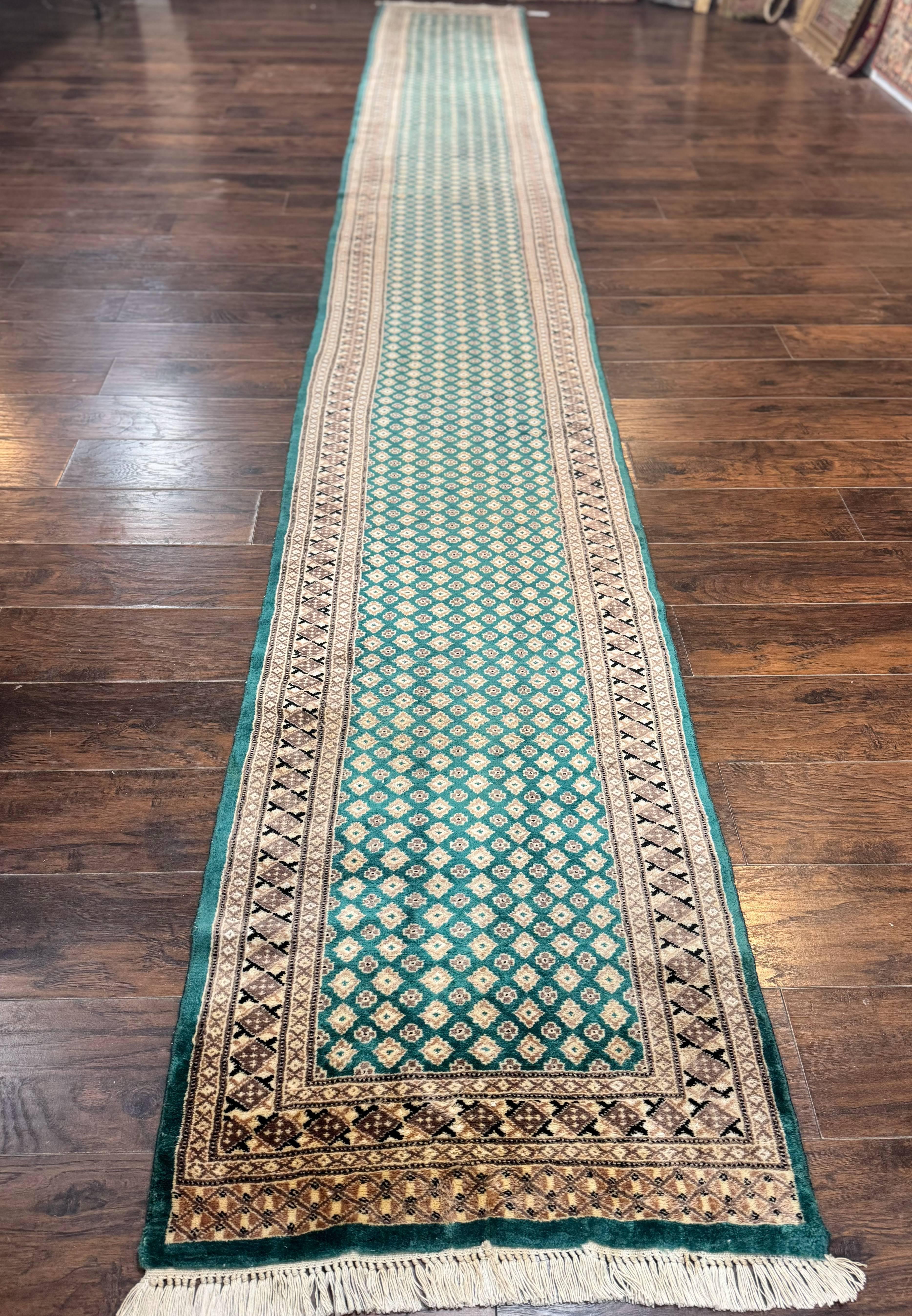 Long Pakistani Runner Rug 2.8 x 20, Hand Knotted Vintage Wool Hallway Rug, Turkoman Rug, Teal and Tan, Handmade Vintage Wool Runner - Jewel Rugs