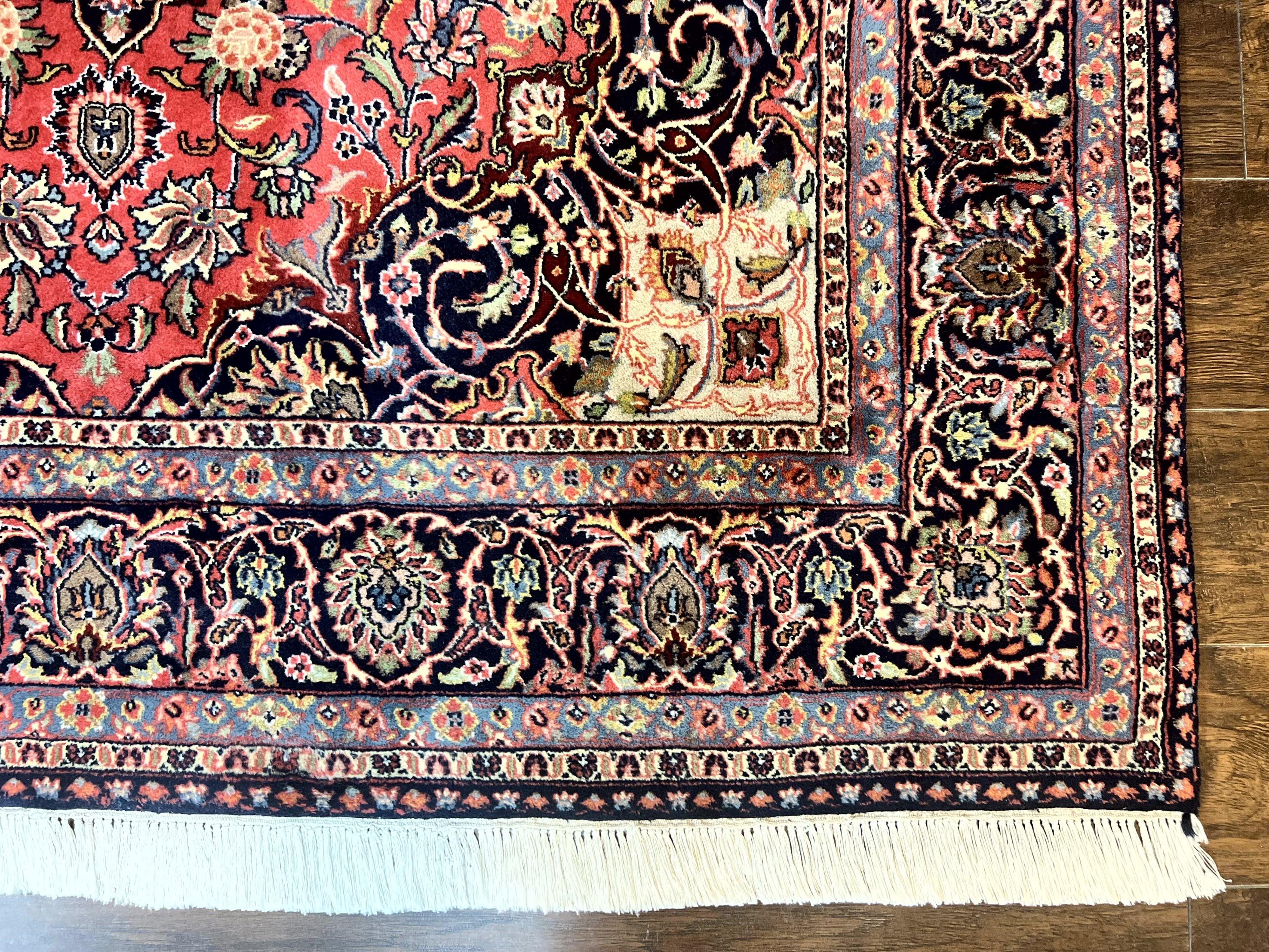 Persian Kashan Rug 6x9, Red and Dark Blue, Handmade Vintage Wool Carpet, Floral Medallion - Jewel Rugs