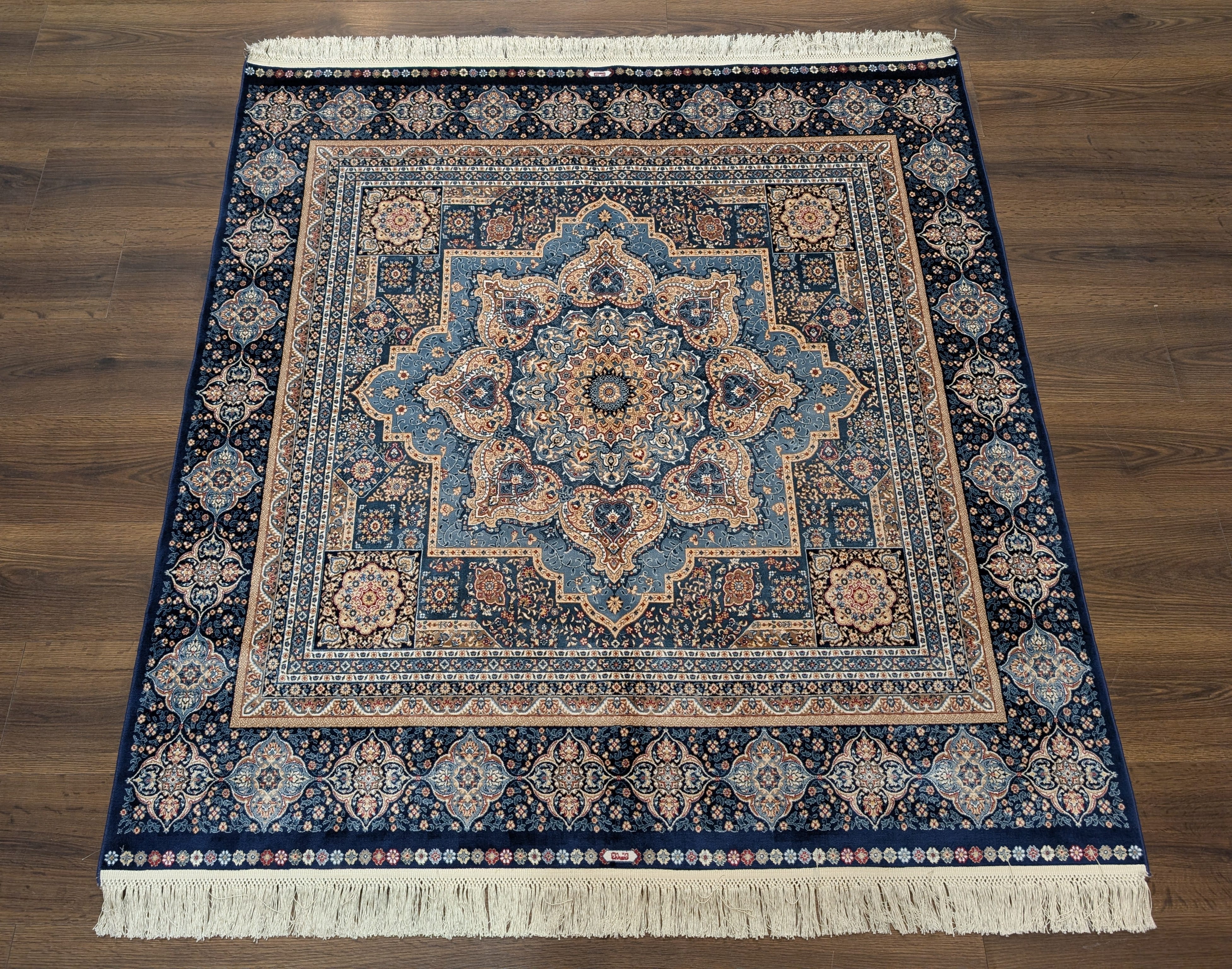 Square Silk Rug 5x5, Turkish Mamluk Silk Carpet, Blue, New, Bamboo Silk - Jewel Rugs