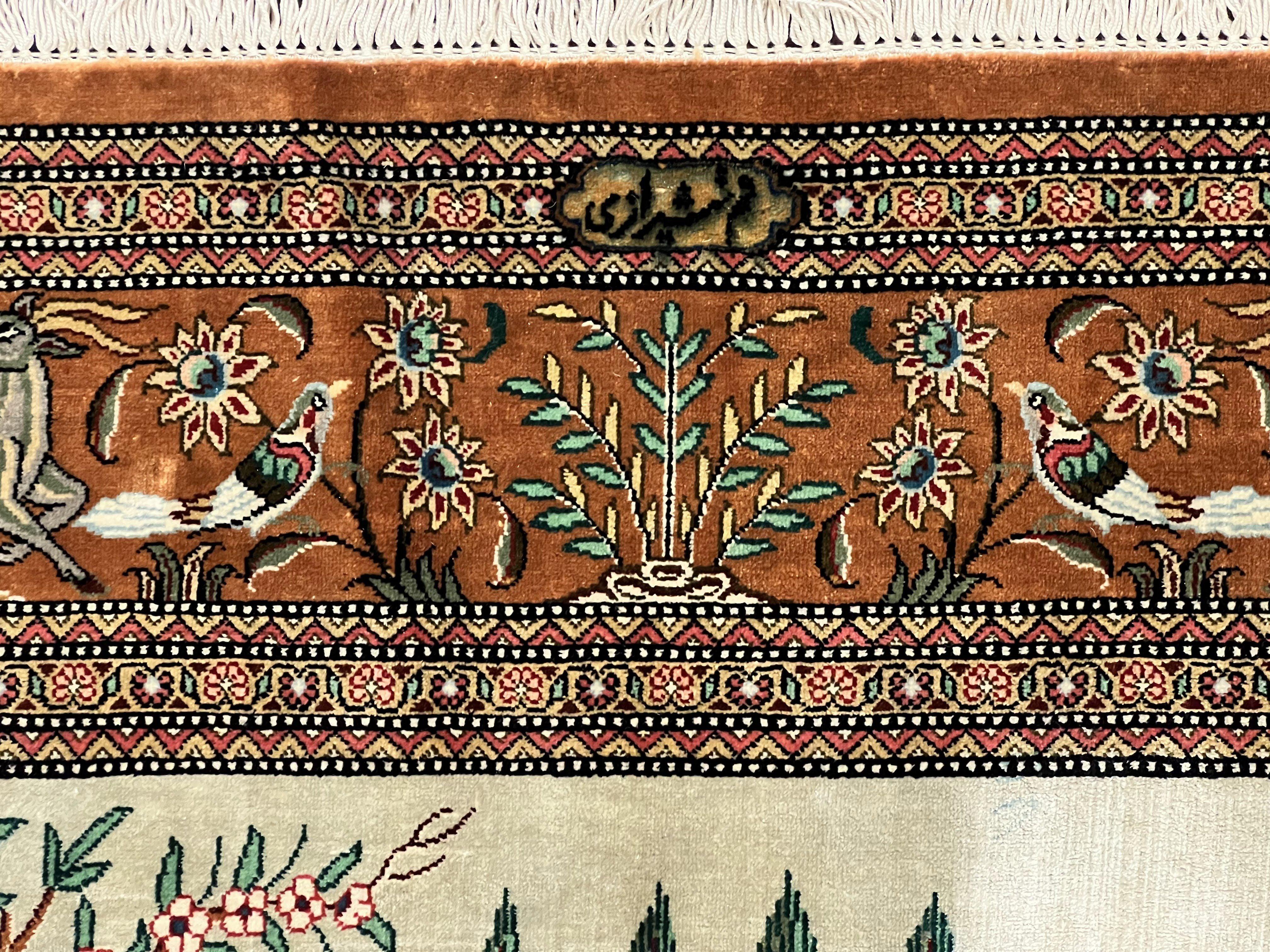 Silk Persian Qum Rug 3x5, Hunting Pattern, Handmade Vintage Carpet, Signed by Master Weaver, Horsemen Pictorials, Super Fine 650 KPSI - Jewel Rugs