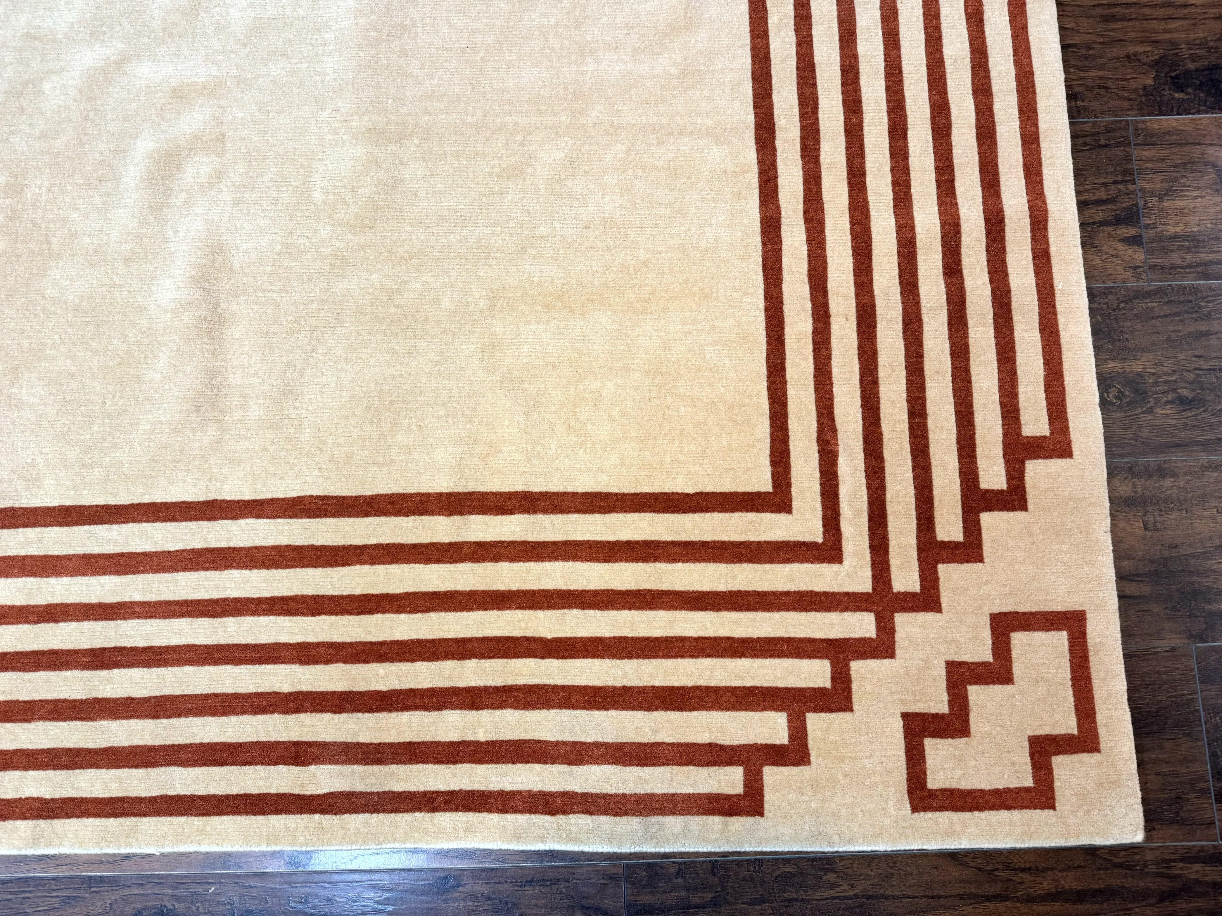 Modern Tibetan Rug 11 x 14.6, Wool and Silk, Simple Design, Handmade Large Area Rug, Cream - Jewel Rugs