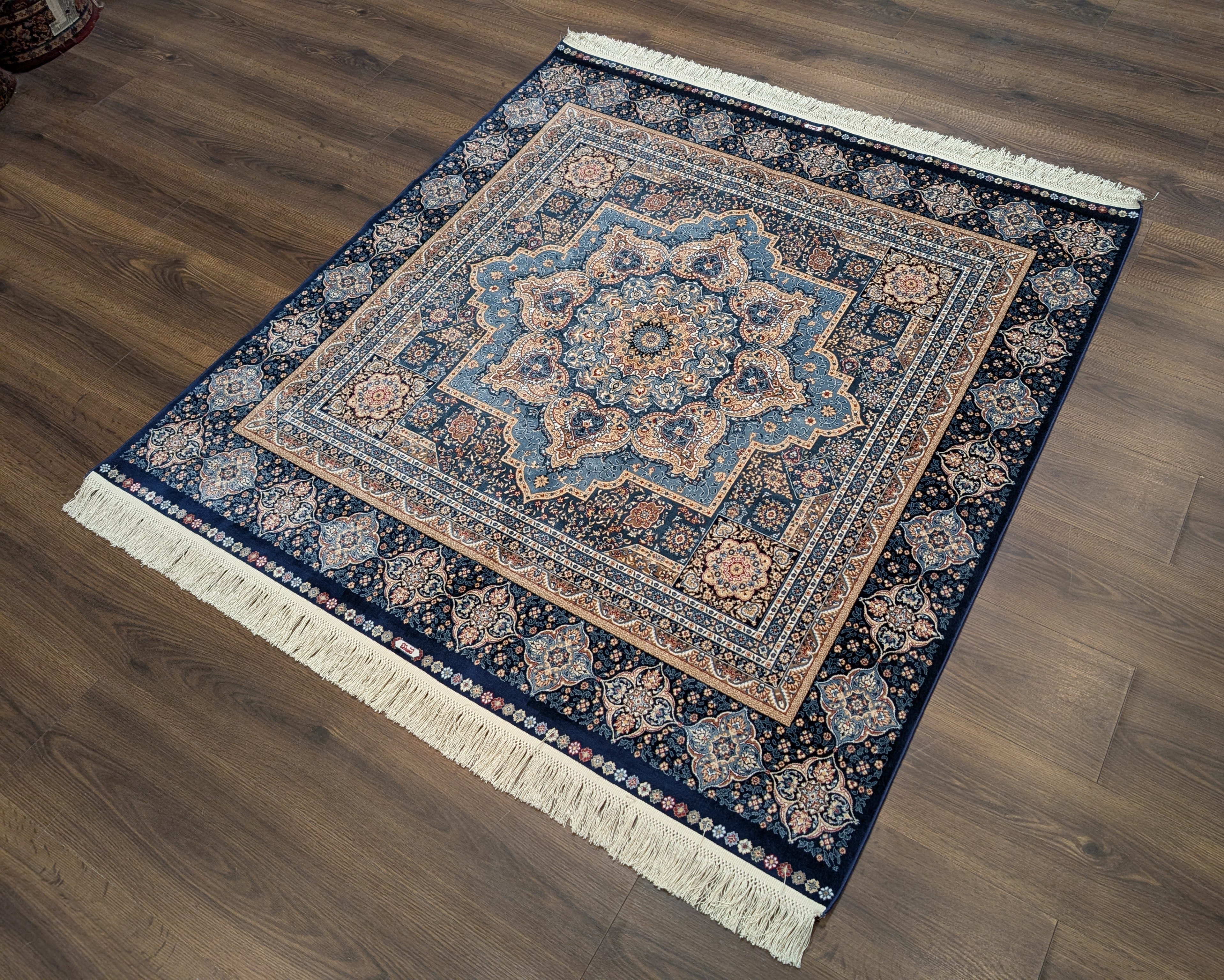 Square Silk Rug 5x5, Turkish Mamluk Silk Carpet, Blue, New, Bamboo Silk - Jewel Rugs