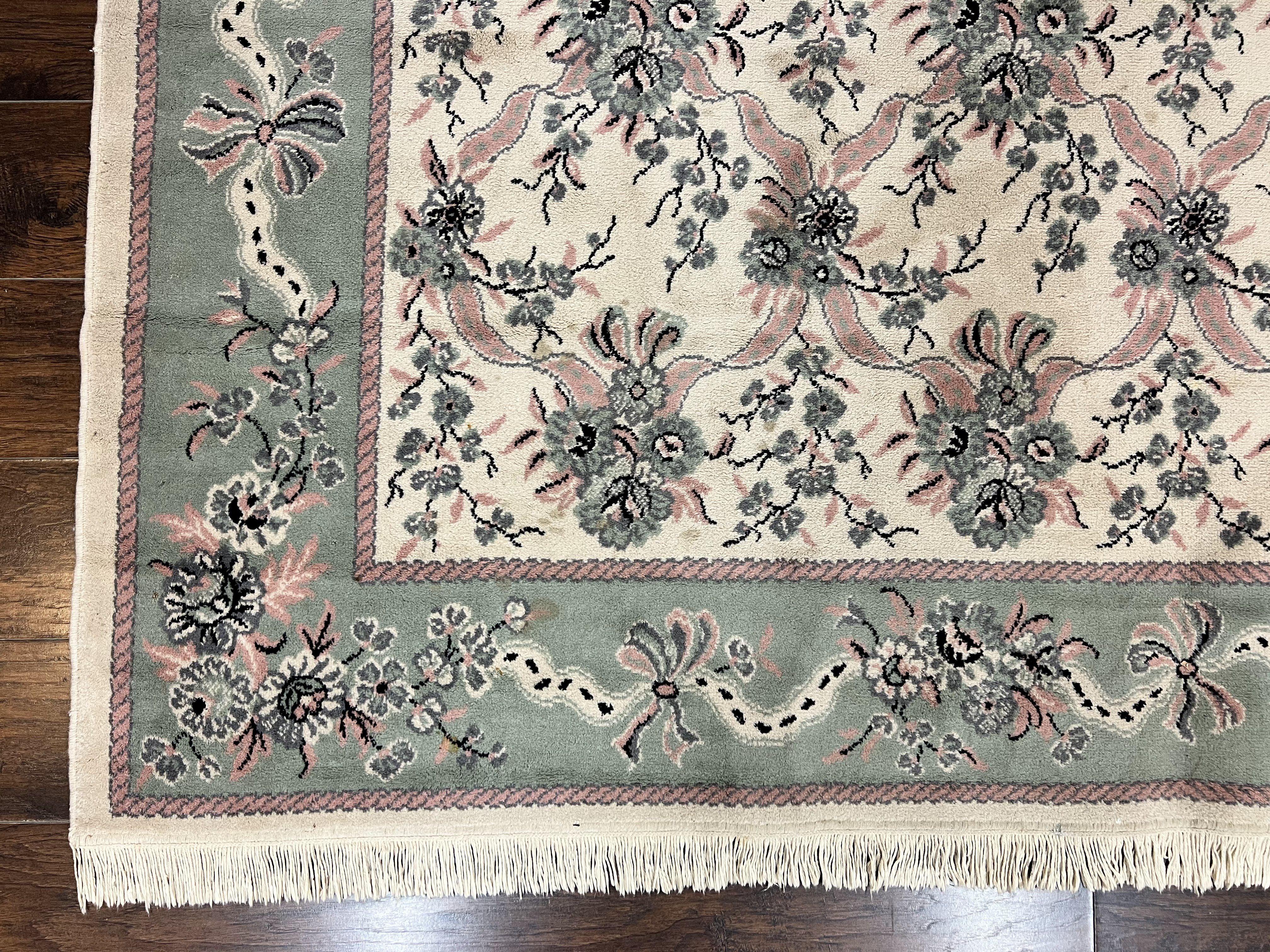 Belgium Power Loomed Rug 8x11, Ivory and Green, Wool Carpet, Floral - Jewel Rugs