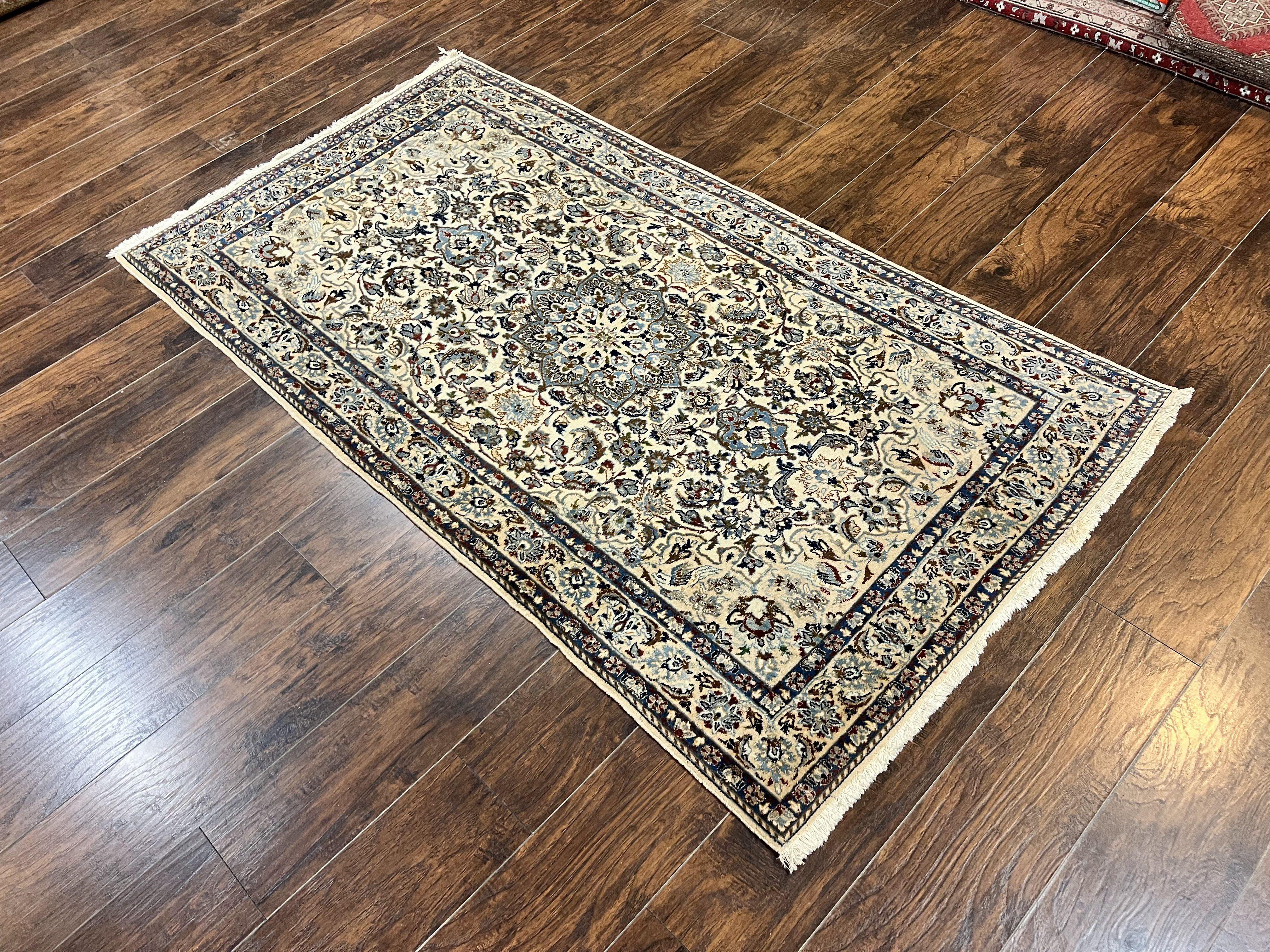 Persian Nain Rug 4x7, Floral Medallion Oriental Carpet 4 x 7 ft, Ivory Persian Rug, Handmade Hand Knotted Vintage, Wool & Silk Highlights, Birds - Jewel Rugs