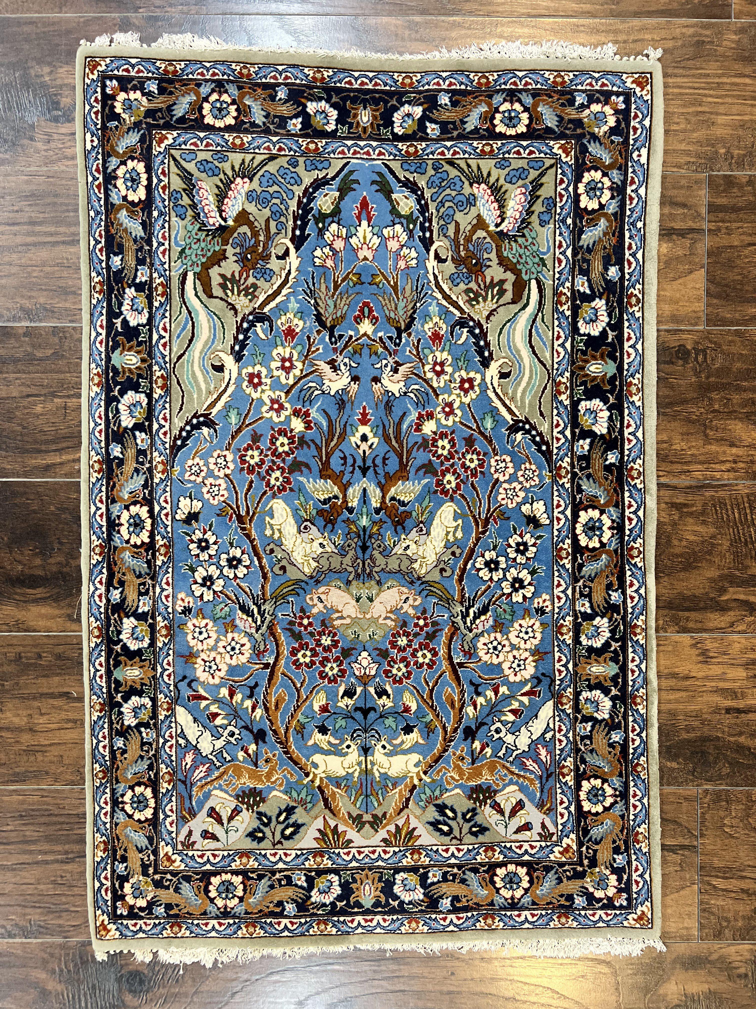 Persian Isfahan Tree of Life Rug 2.5 x 3.8, Animal & Bird Pictorials, Super Fine 500 KSPI, Blue, Handmade, Kork Wool Silk Highlights, Vintage - Jewel Rugs