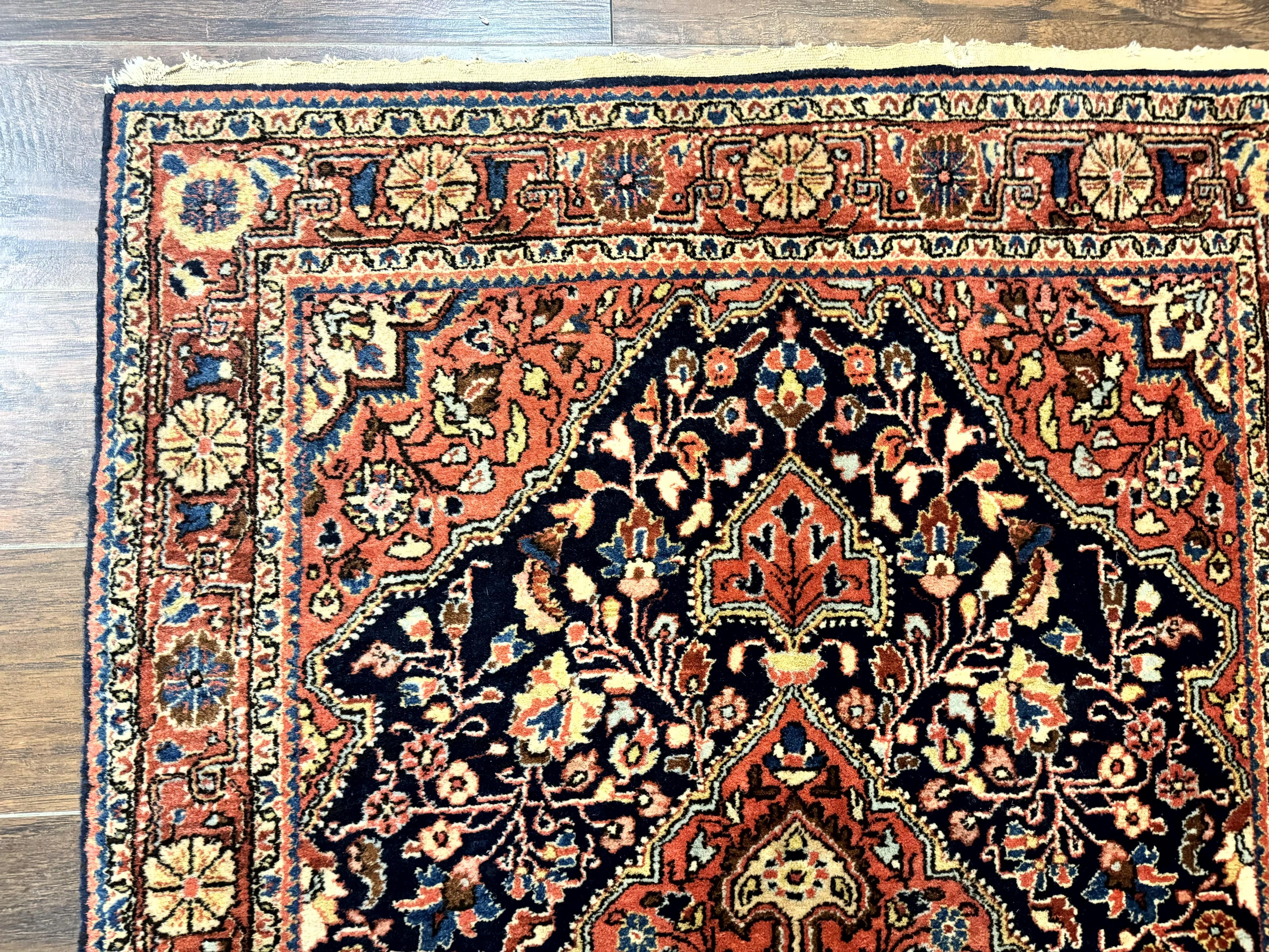 Persian Sarouk Rug 3.6 x 5, Medallion Rug, Red and Midnight Blue, Handmade Semi Antique Vintage Wool Carpet - Jewel Rugs