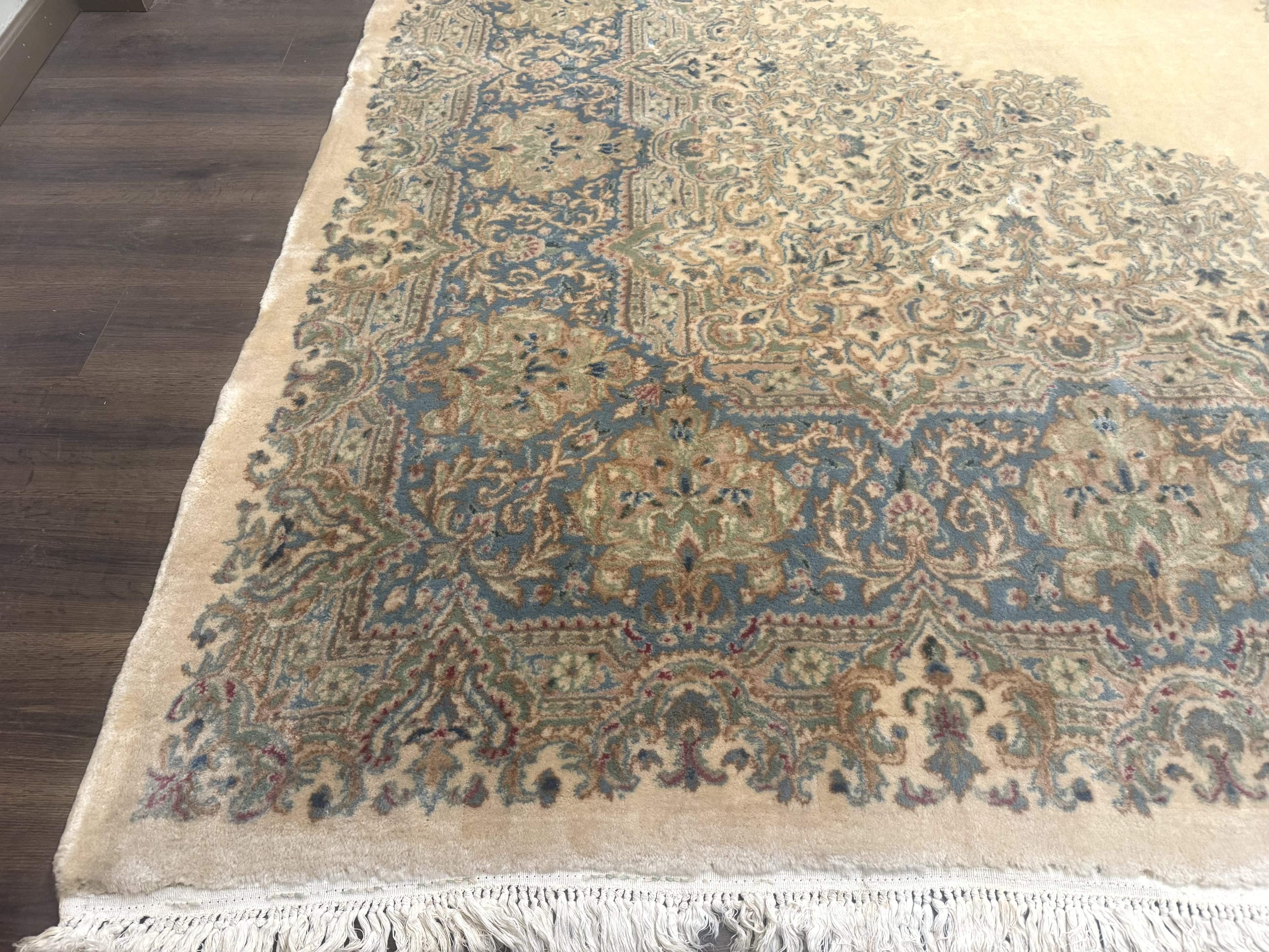 Palace Size Persian Kerman Rug 12x18, Floral Kirman Rug, Ivory Light Blue Pink, Pastel Colors, Vintage Persian Rug, Signed, Fine 240 KPSI - Jewel Rugs