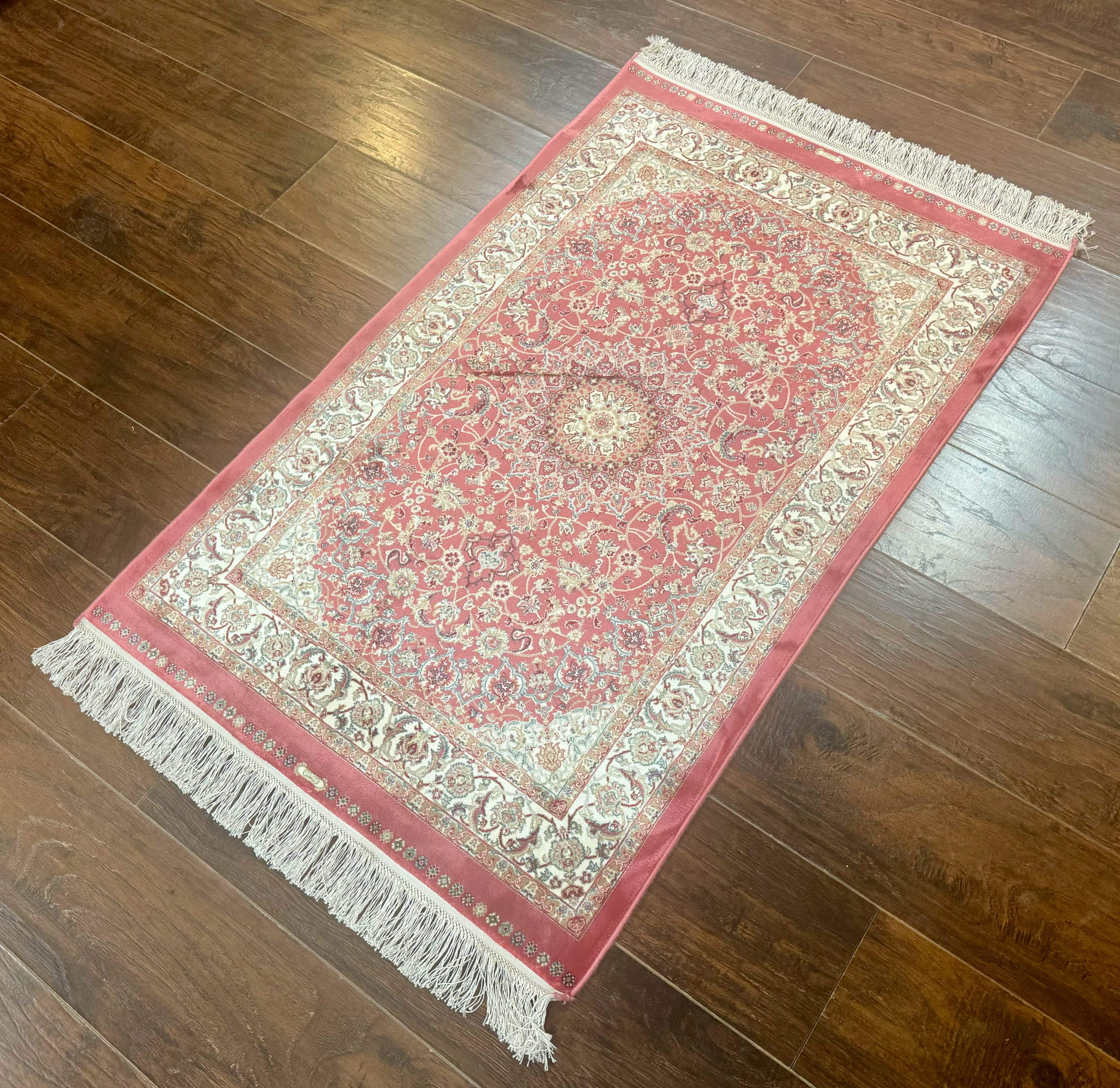 Turkish Silk Rug 2.6 x 4, Medallion, Pink and Ivory, Fine, Bamboo Silk - Jewel Rugs