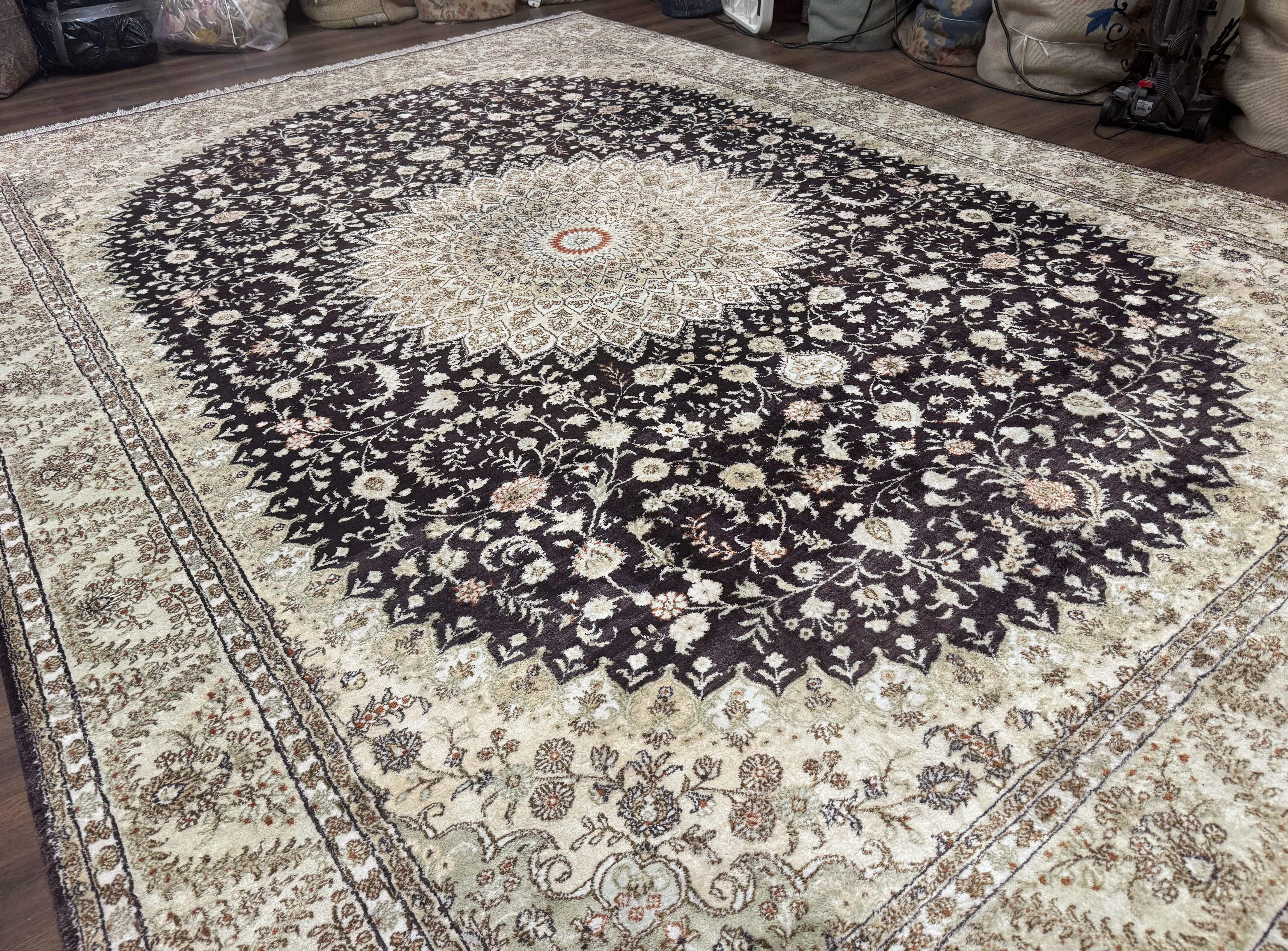 Indian Kashmiri Silk Rug 10x14, Floral Medallion - Jewel Rugs