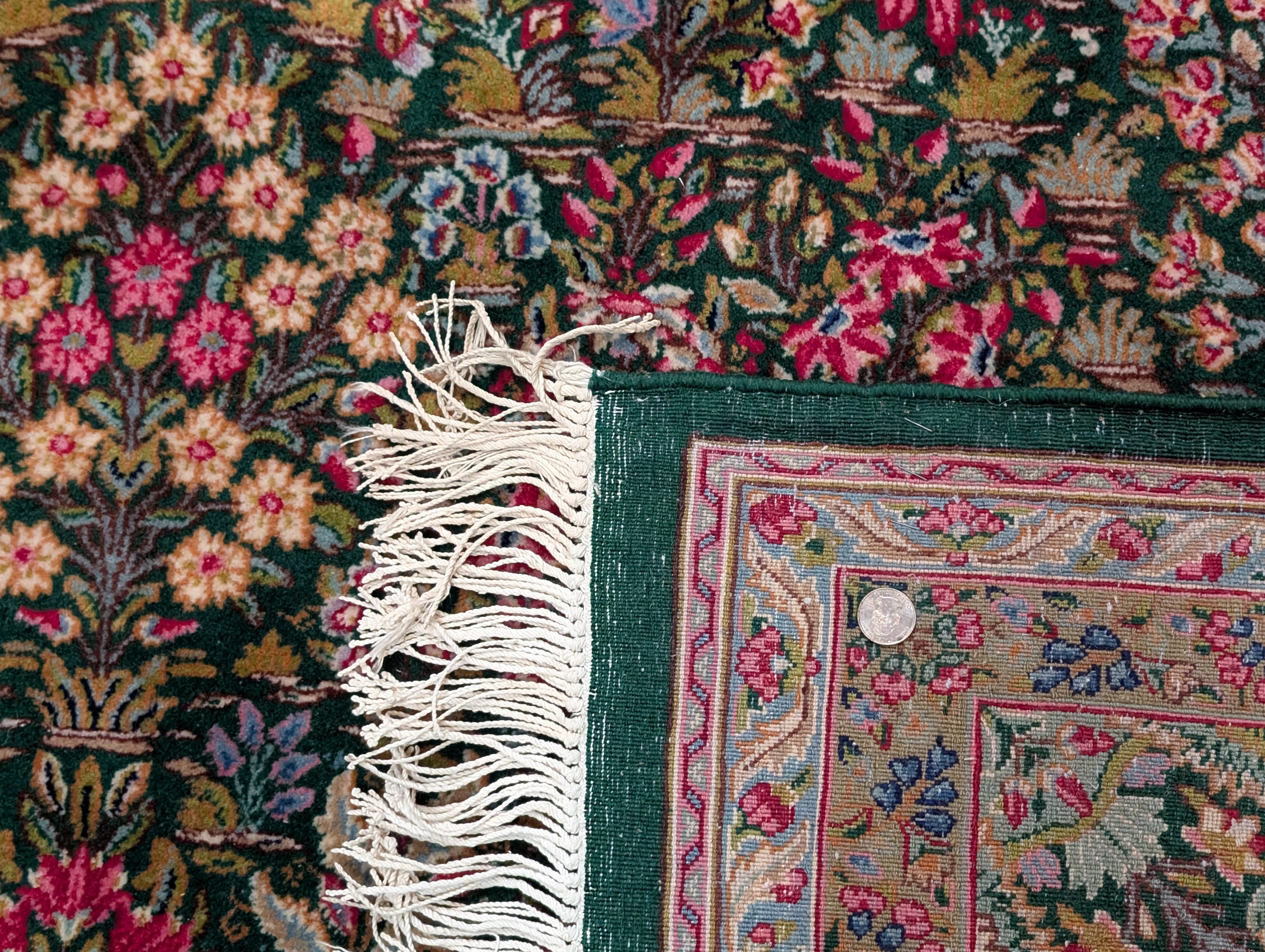 Persian Kerman Rug 10x13, Millefleur Floral Allover Pattern, Hand-Knotted Wool Carpet, Dark Green, Multicolor - Jewel Rugs