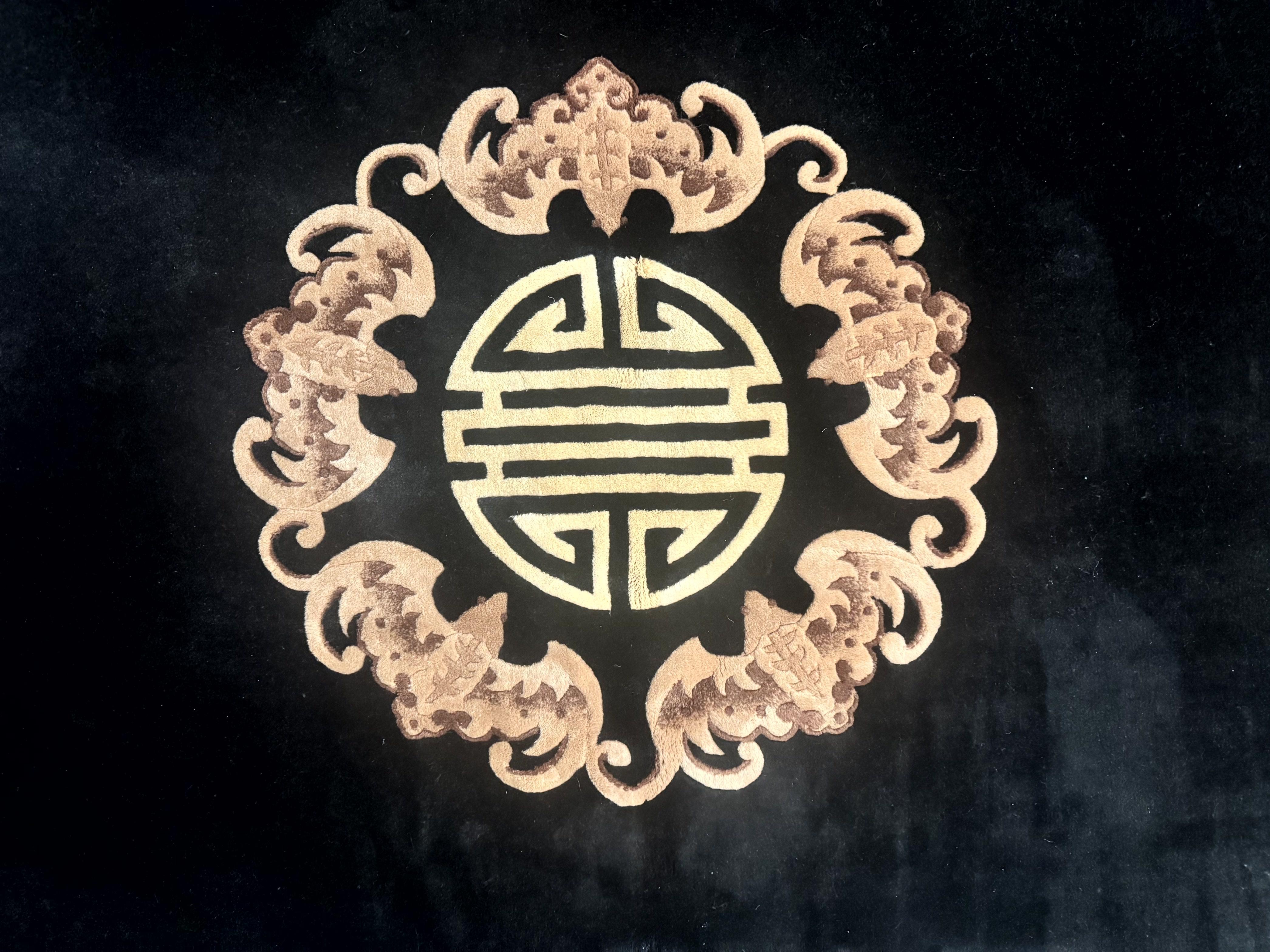 Black Chinese Wool Rug 9x12, Vintage Asian Oriental Carpet, Open Field Simple Design, Black and Beige - Jewel Rugs