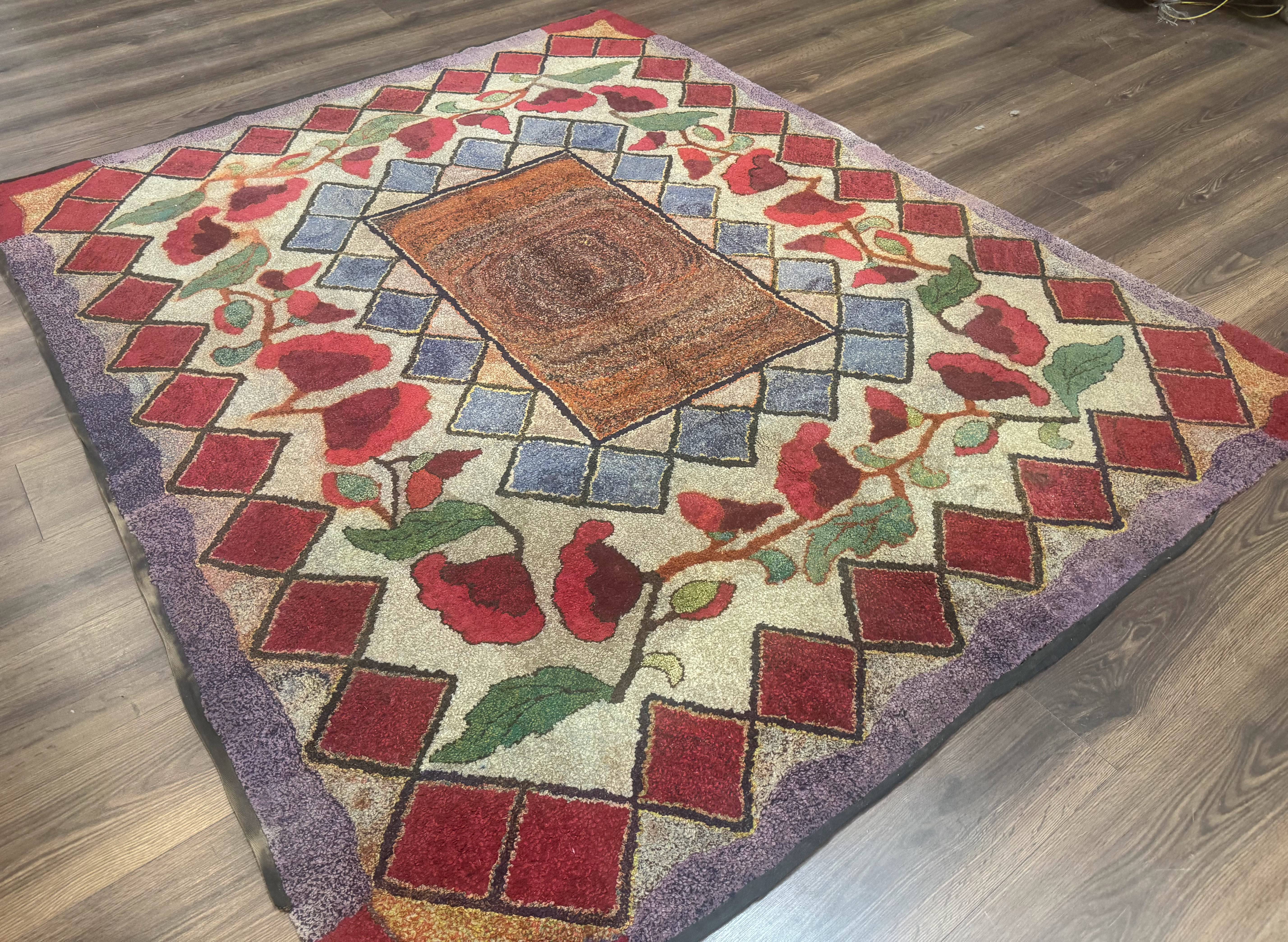 Vintage American Hooked Rug 6x7, Unique Colors, Red Lavender Cream, Abstract - Jewel Rugs