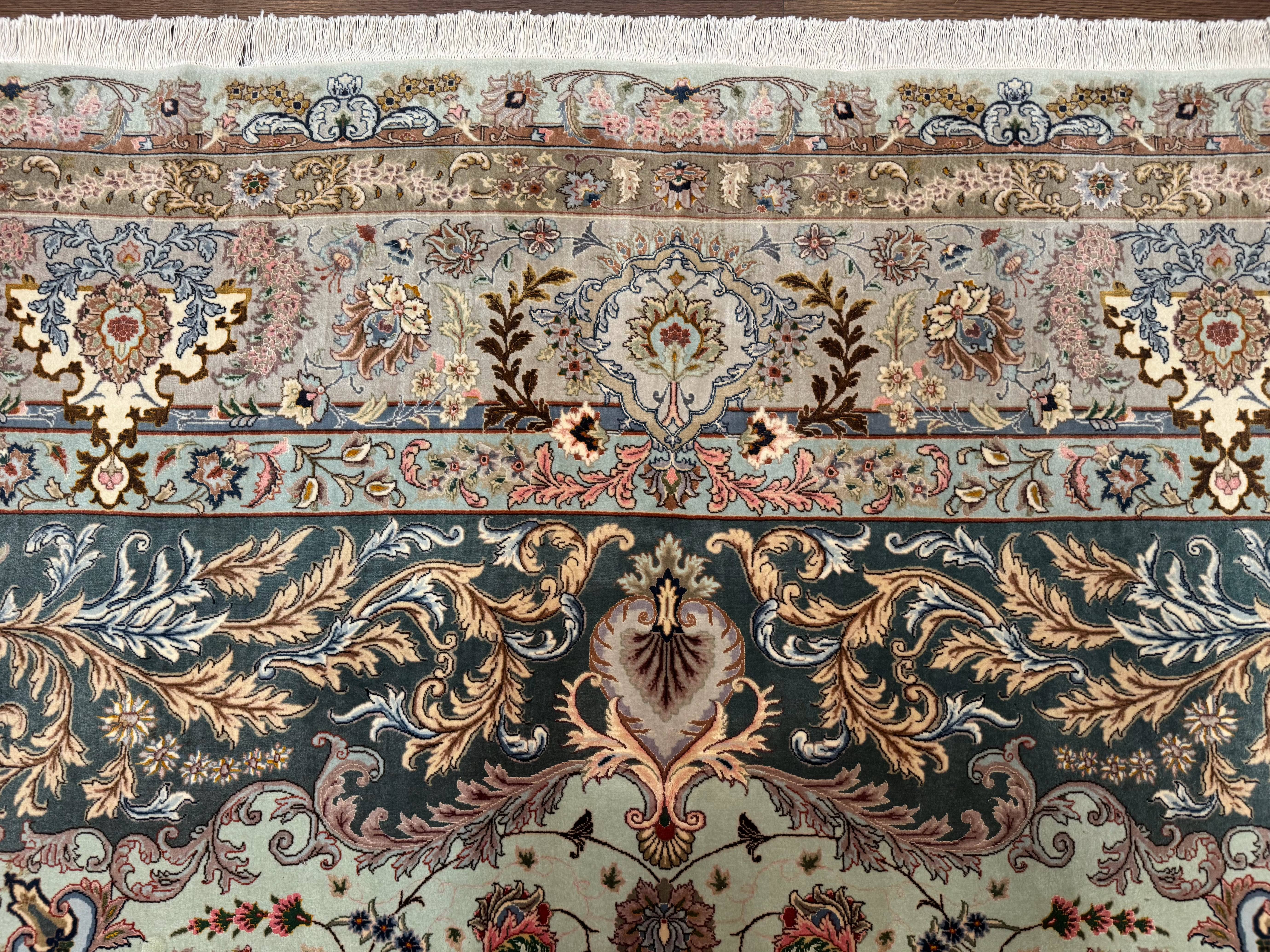 Marvelous Persian Tabriz Rug 10x13, Very Fine 380 KPSI, Mint Green Pink, Floral - Jewel Rugs