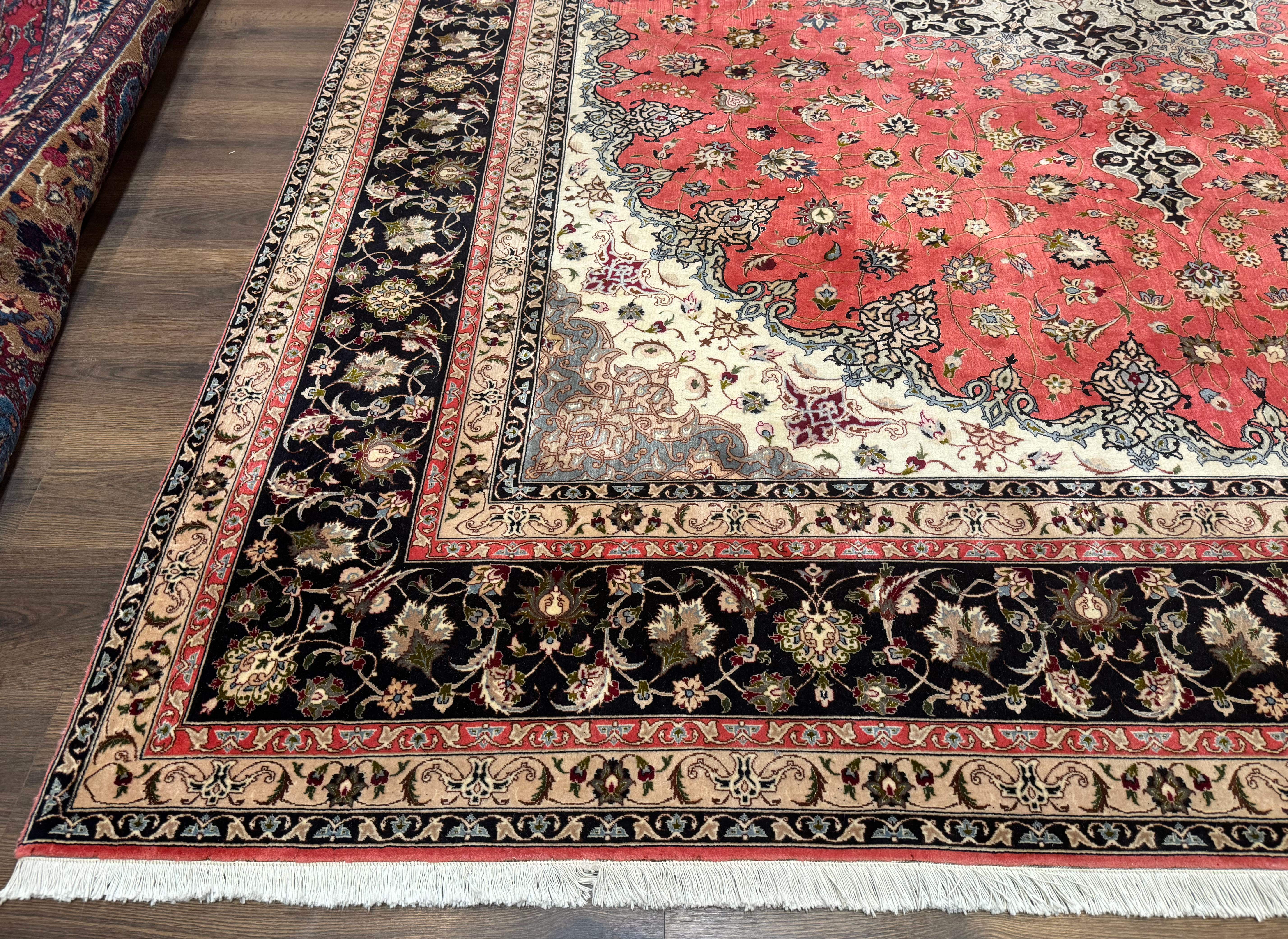 Persian Tabriz Rug 10x13, Floral Medallion, Salmon and Ivory, Hand-Knotted, 330 KPSI - Jewel Rugs