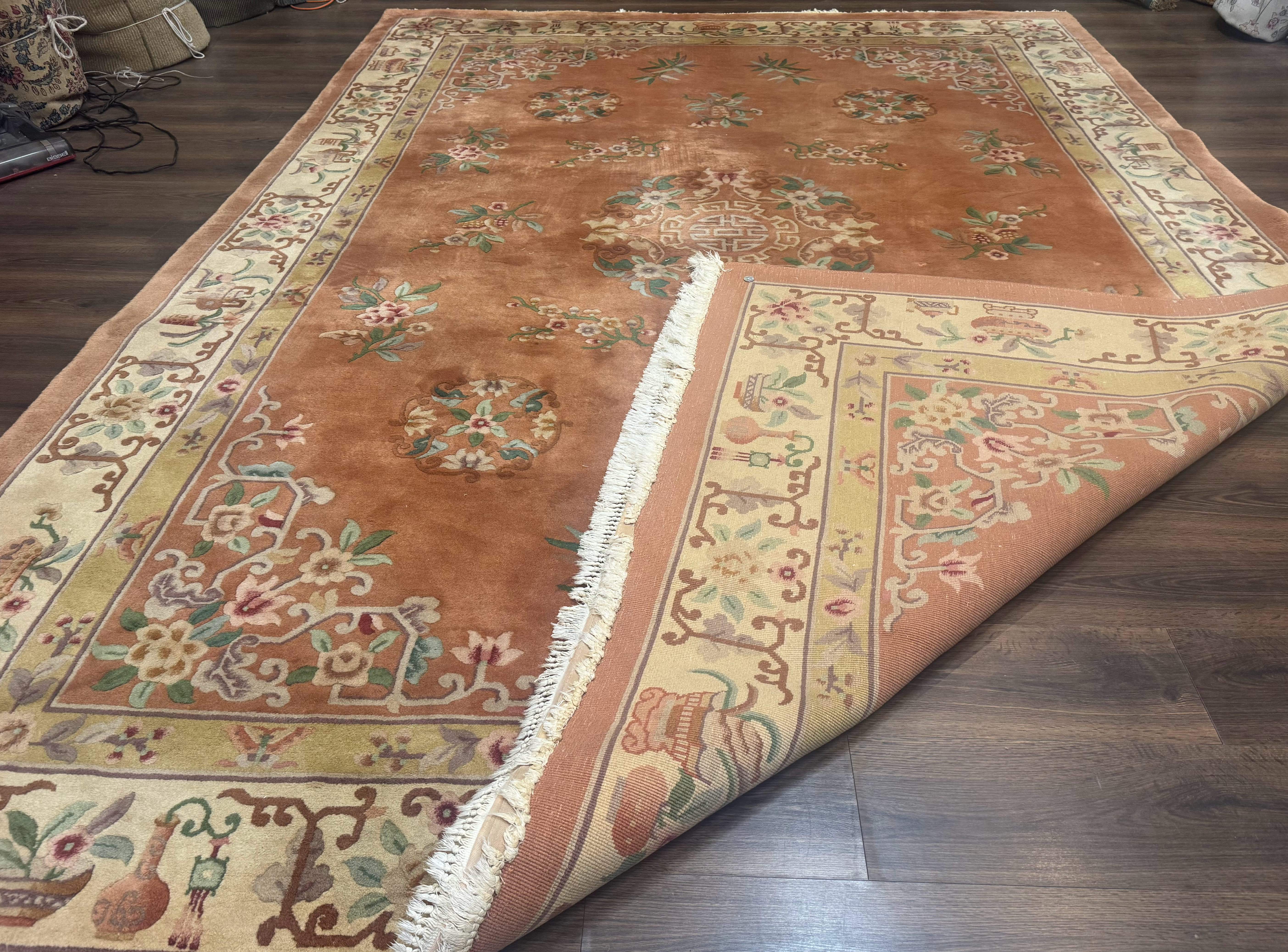 Chinese Wool Rug 9x12 – Apricot-Peach, Hand-Knotted Wool Vintage 90 Line Carpet - Jewel Rugs