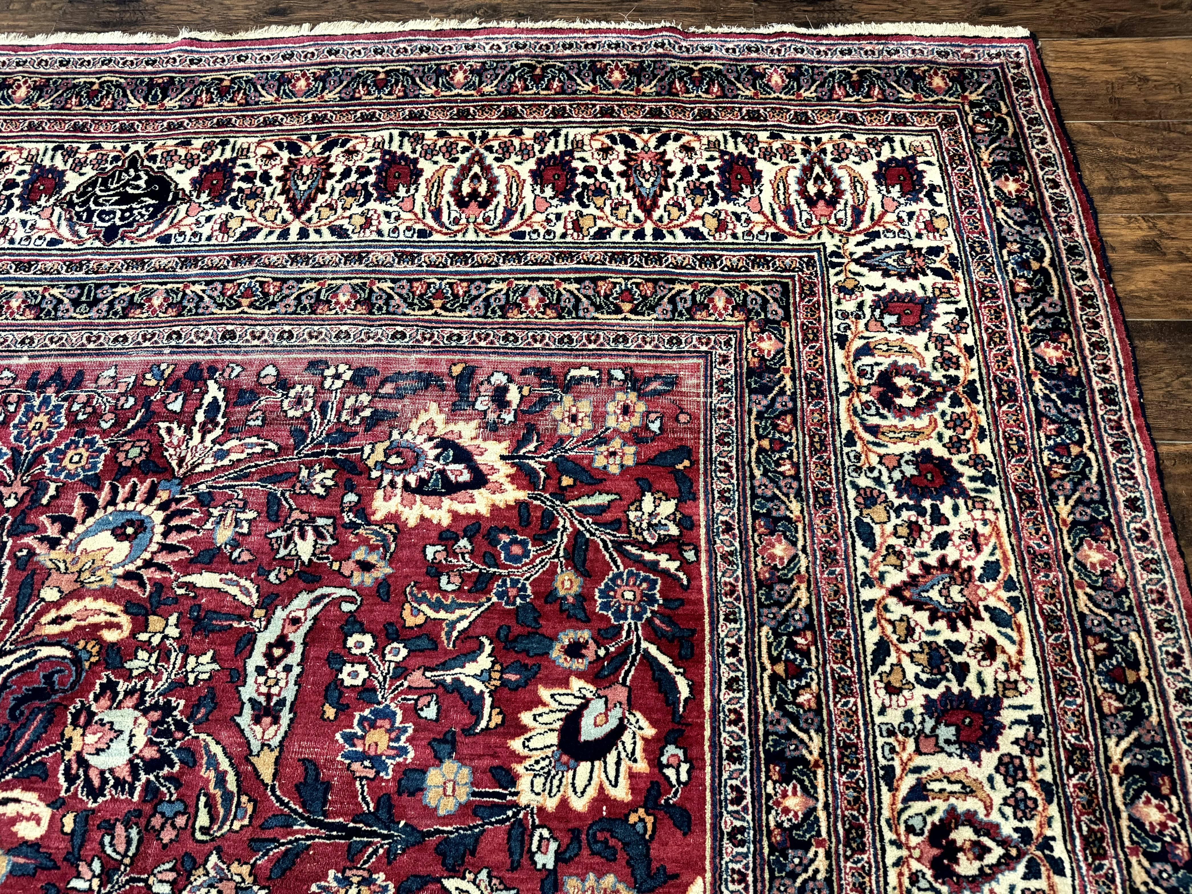 Antique Persian Mashad Rug 10x12, Red and Ivory, Signed by Master Weaver - Jewel Rugs