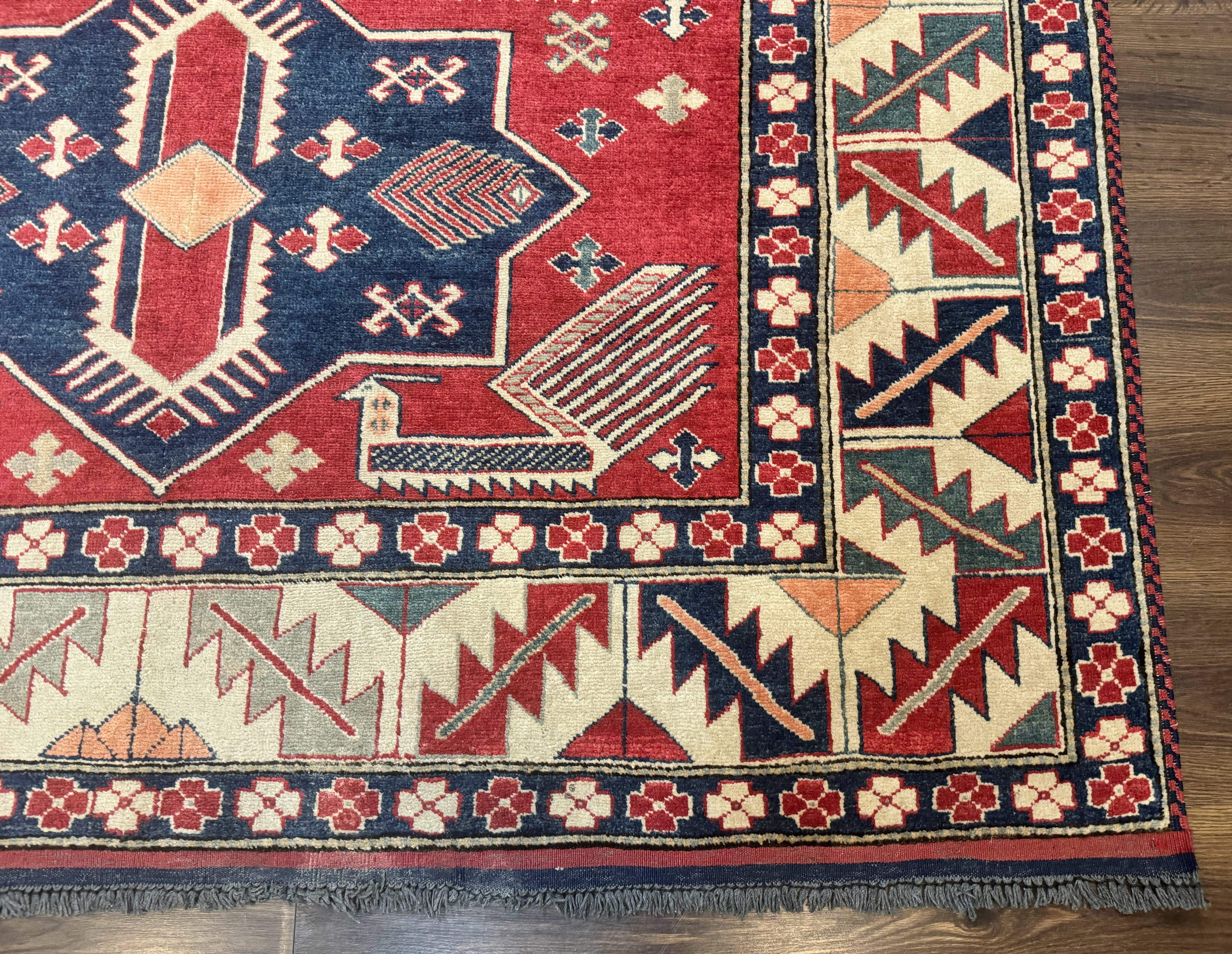 Turkish Kazak Rug 6x8, Caucasian Design, Geometric Medallions, Red Blue Beige - Jewel Rugs
