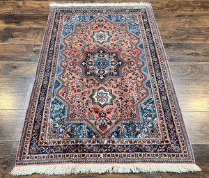 Persian Shiraz Rug 3x5, Geometric Tribal Rug, Wool Hand Knotted Vintage Carpet, Light Red & Blue, Signed by Masterweaver