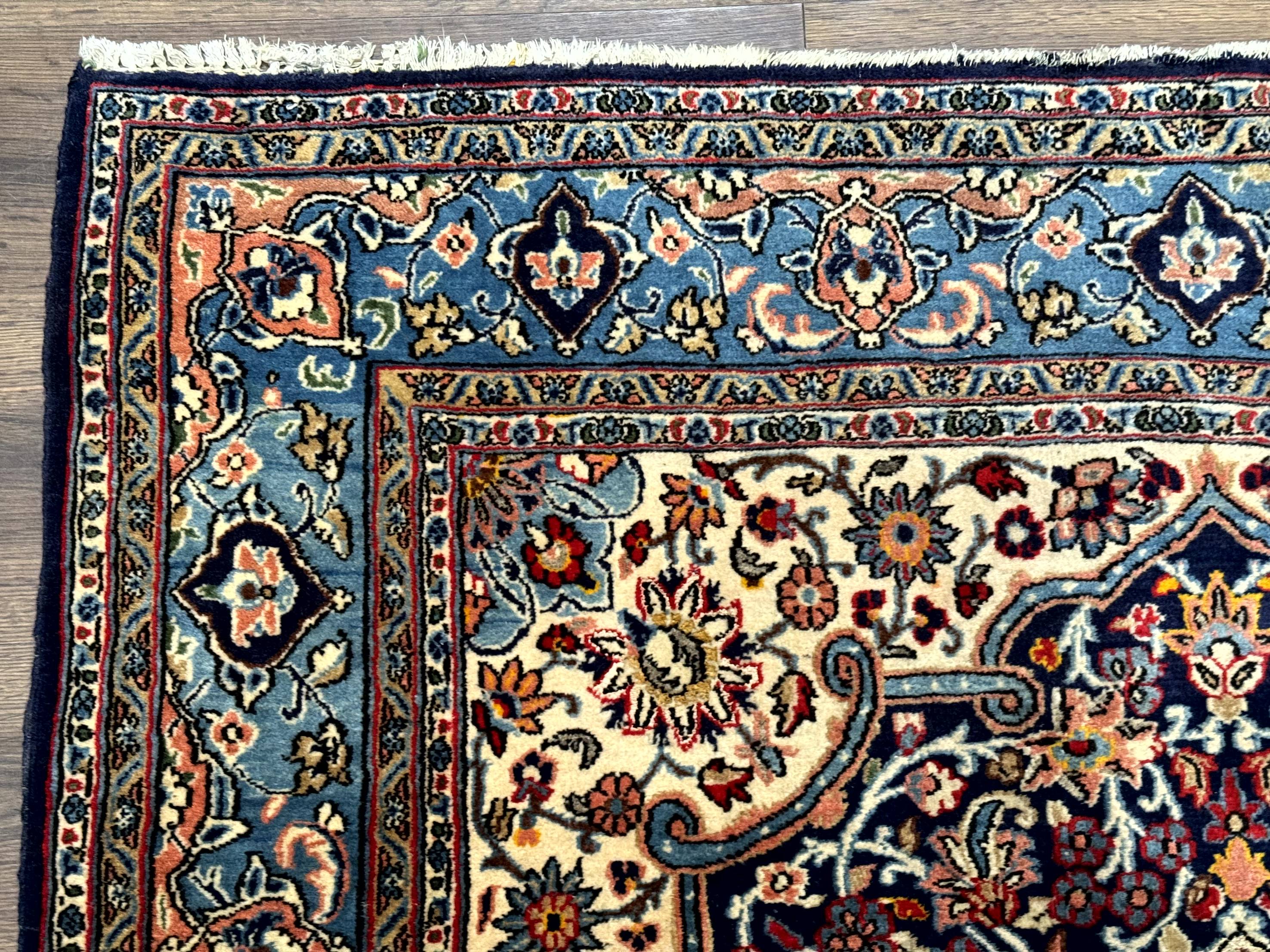 Persian Qum Rug 5x7 in Navy Light Blue and Ivory, Wool wilh Silk Highlights, 225 KPSI - Jewel Rugs