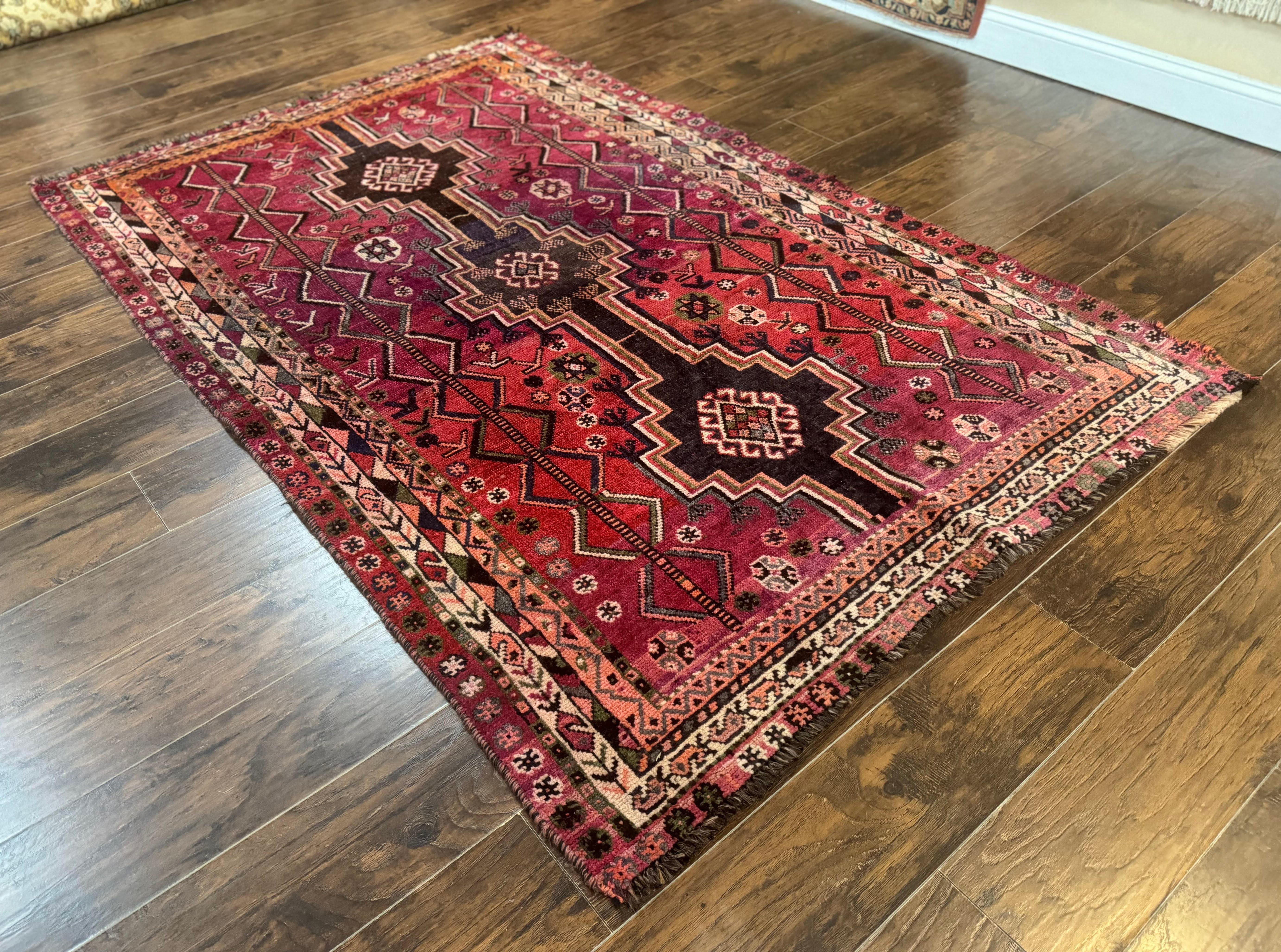 Persian Tribal Shiraz Rug 5x8, Geometric, Raspberry Red and Charcoal, Antique Persian Carpet - Jewel Rugs