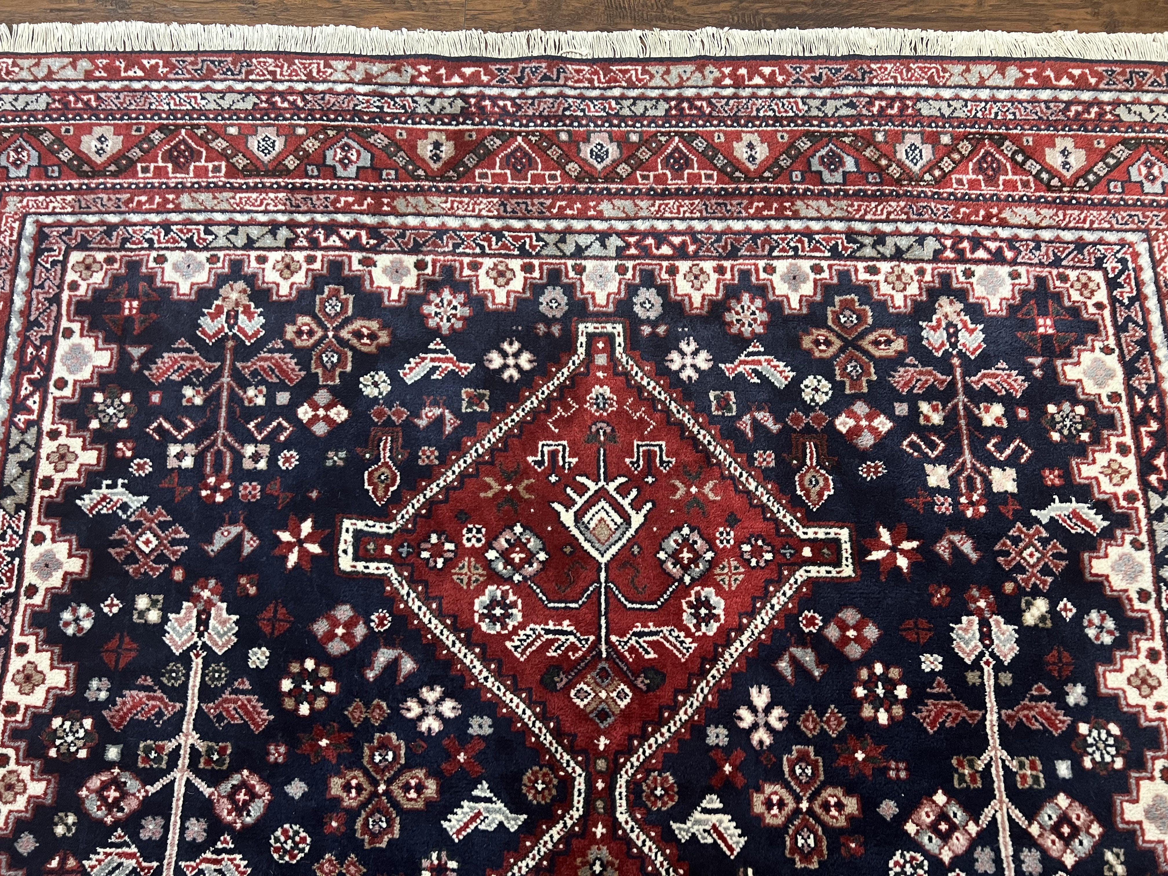 Persian Shiraz Tribal Rug 8x9, Geometric Medallions, Navy Blue and Red, Hand Knotted Handmade Semi Antique Wool Carpet - Jewel Rugs